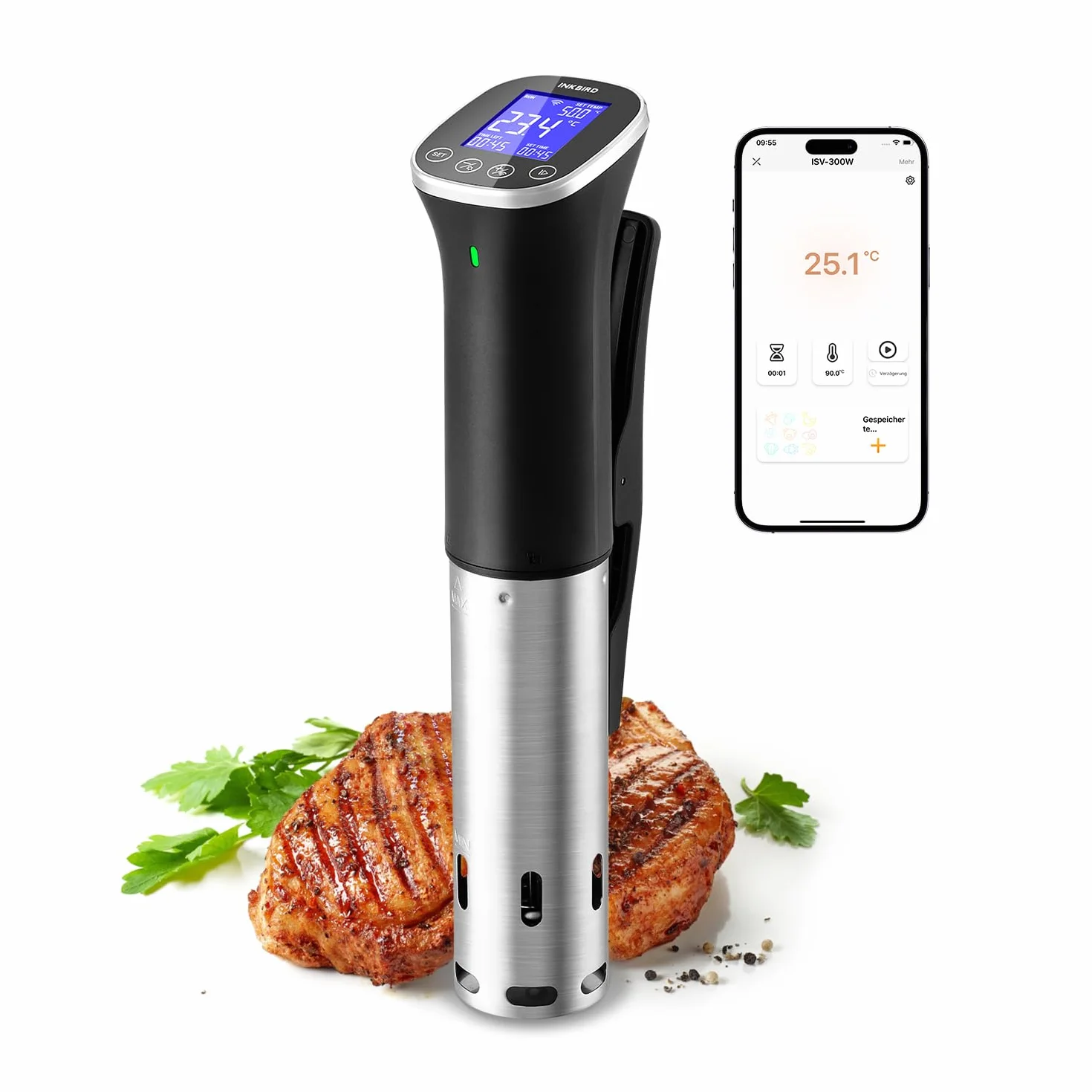 Sous Vide, Sous Vide Stick ISV-300W WLAN Dispositivo de cocina profesional, hilo de baja temperatura 0-90℃ | Recetas de aplicaciones, IPX7 impermeable, ±0.1 °C temperatura precisa y constante