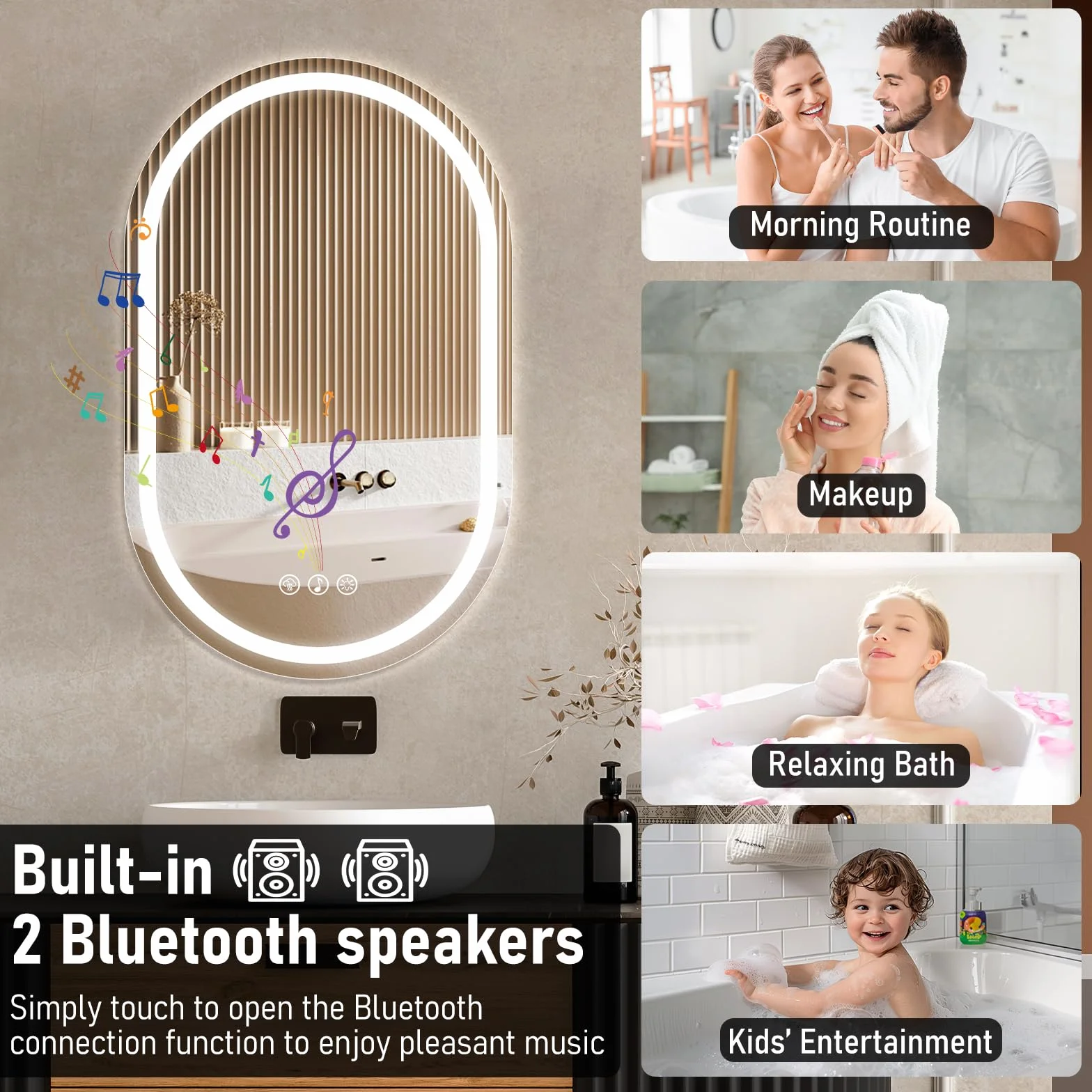 Ratsamee Bluetooth Espejo de Baño Ovalado con Luz 50x80cm, Espejos de Baño con LED con Antivaho, Regulable, 3 Colores Luz, Función Memoria
