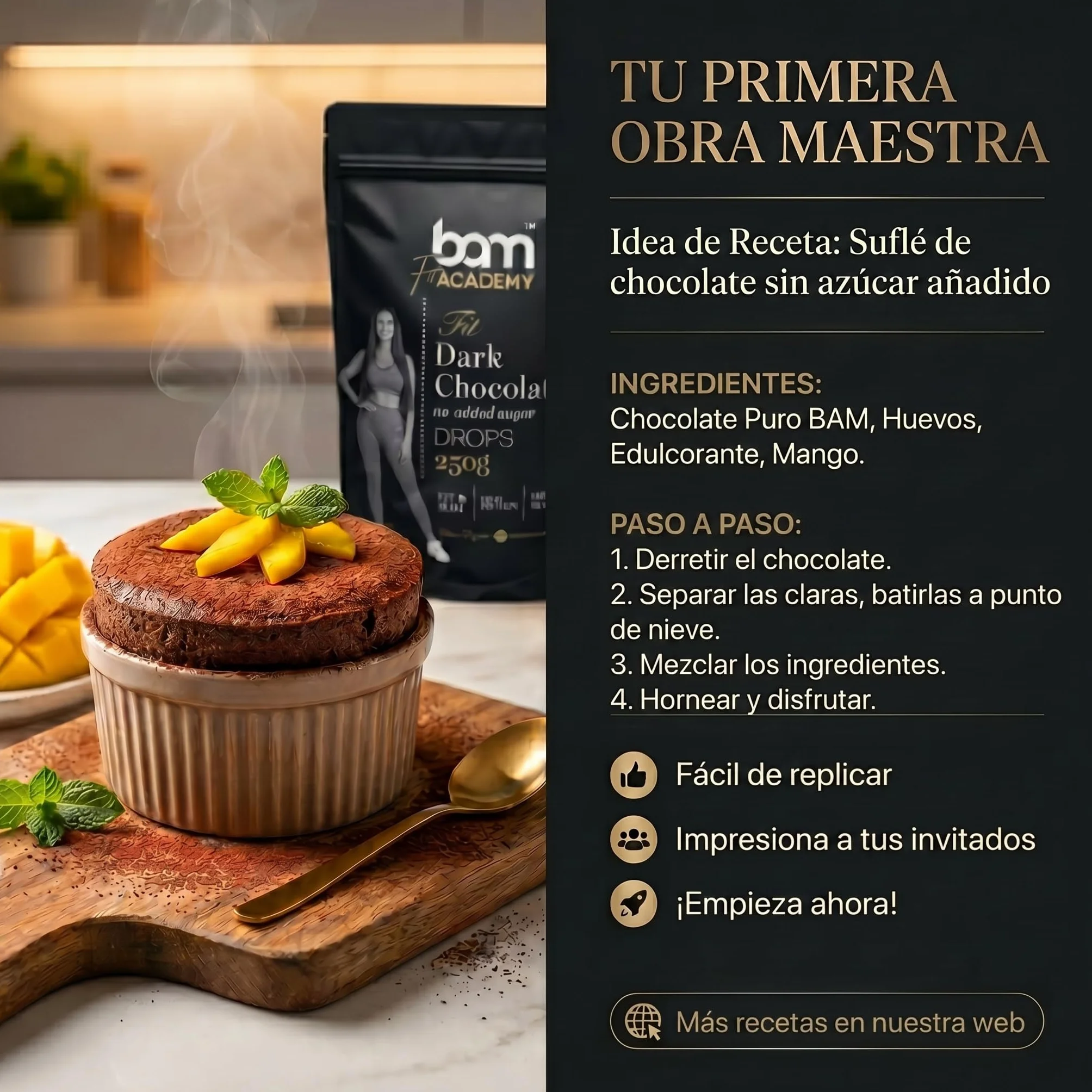 BAM Pepitas de Chocolate Negro sin Azúcar Añadido 250 g – Gotas de Repostería 55.4% Cacao