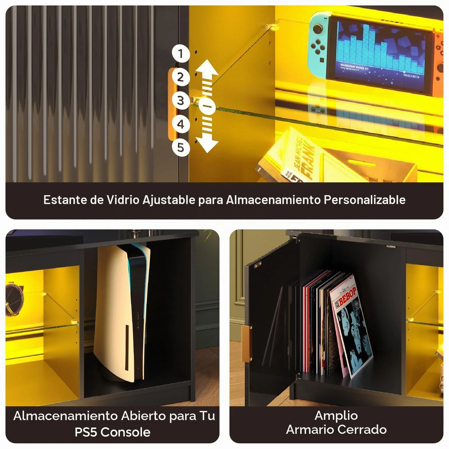 Bestier Mueble de TV para TV de 65 Pulgadas,Centro de Entretenimiento LED Gaming con Soporte Acanalado Brillante para PS5 y Xbox,Consola de TV con Estantes de Vidrio Ajustables,Negro Brillante