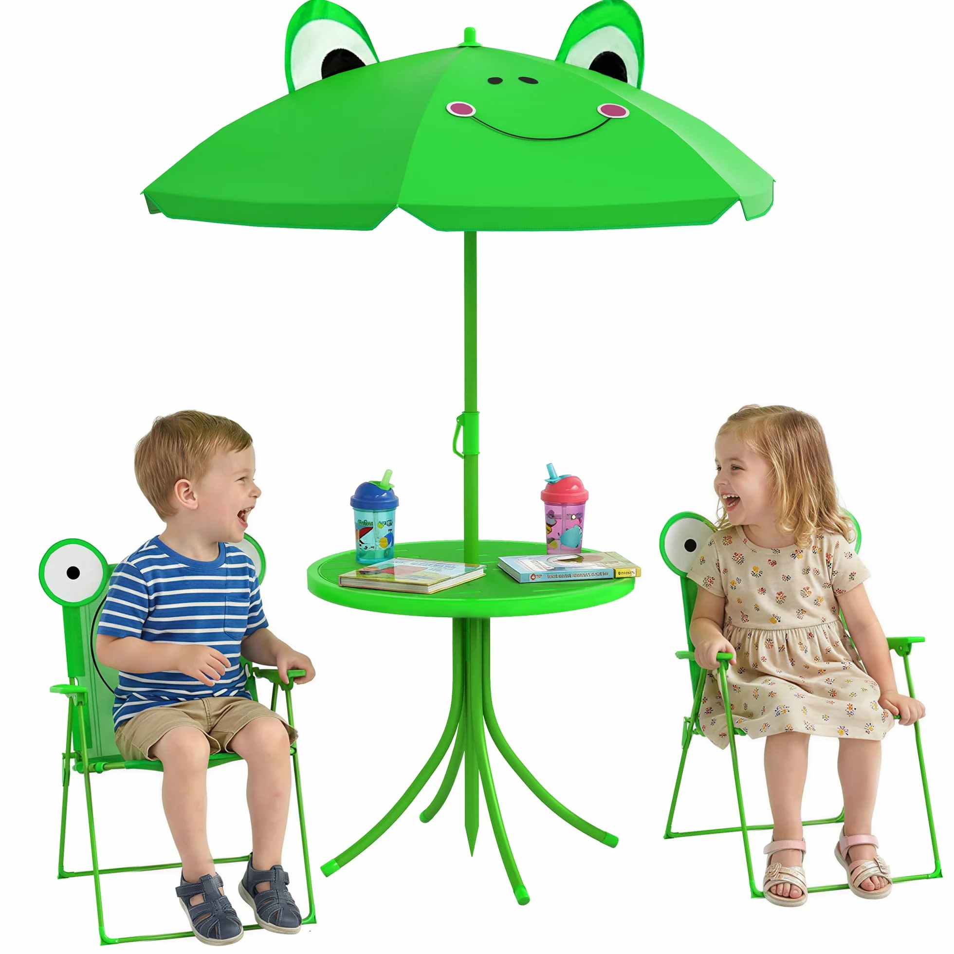 Outsunny Set de Mesa y Sillas Infantil de Jardín Plegable con Sombrilla Ajustable 100-125 cm Verde