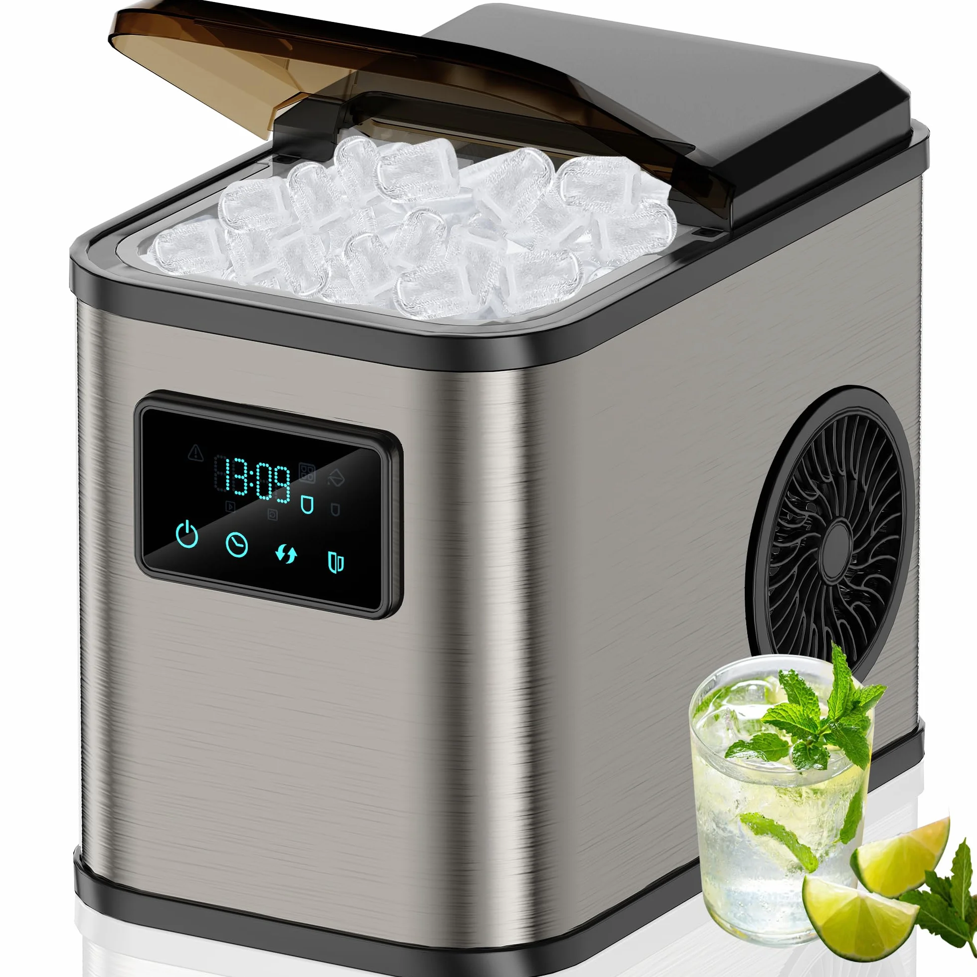 Máquina de Cubitos de Hielo de Acero Inoxidable con Pantalla LED, 2 Litros, 2 Tamaños