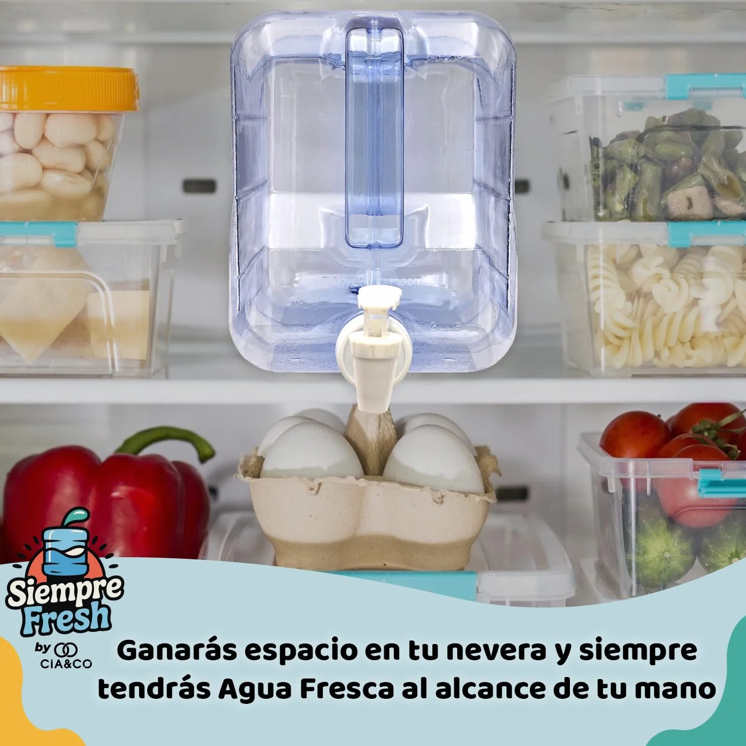 Dispensador de Agua Fría para Nevera 4,2 L by Cia&Co | Garrafa compacta 39x21x7,5 con Asa Ergonómica, Grifo de Doble Función y Tapón - Reutilizable y Duradera, Bebidas Frías en Casa, Playa, Camping