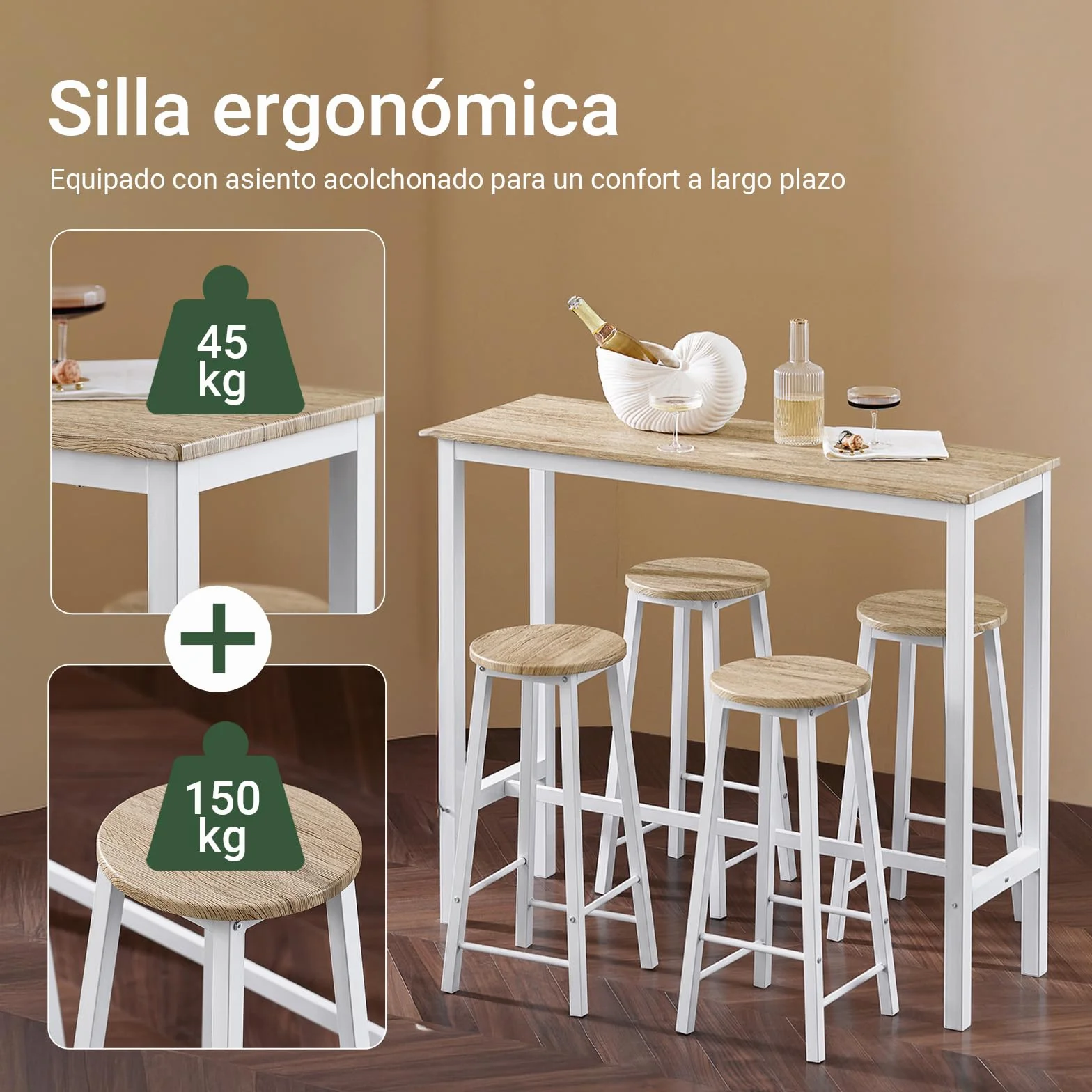 SoBuy Mesa Comedor, Juego de Mesa Alta con 4 Taburetes, Mesa y Sillas de Comedor para Espacios Reducidos, Conjunto de Bar Moderno Blanco OGT22-WN