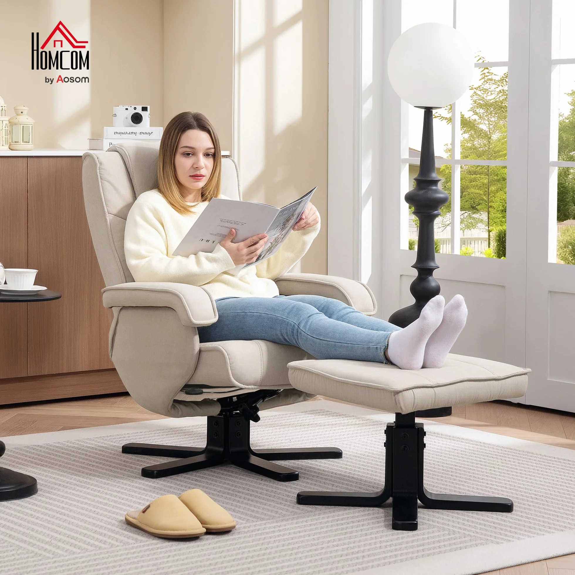 HOMCOM Sillón Relax Reclinable con Reposapiés Butaca de Salón Giratoria Tapizado en Lino con Base de Madera Butaca para Dormitorio Sala de Estar Beige