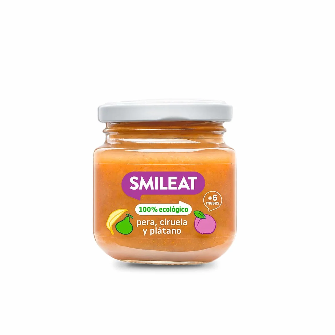 Smileat Tarrito de Frutas Ecológicas Pera Ciruela Plátano 130g +6 Meses Sin Azúcar Añadido