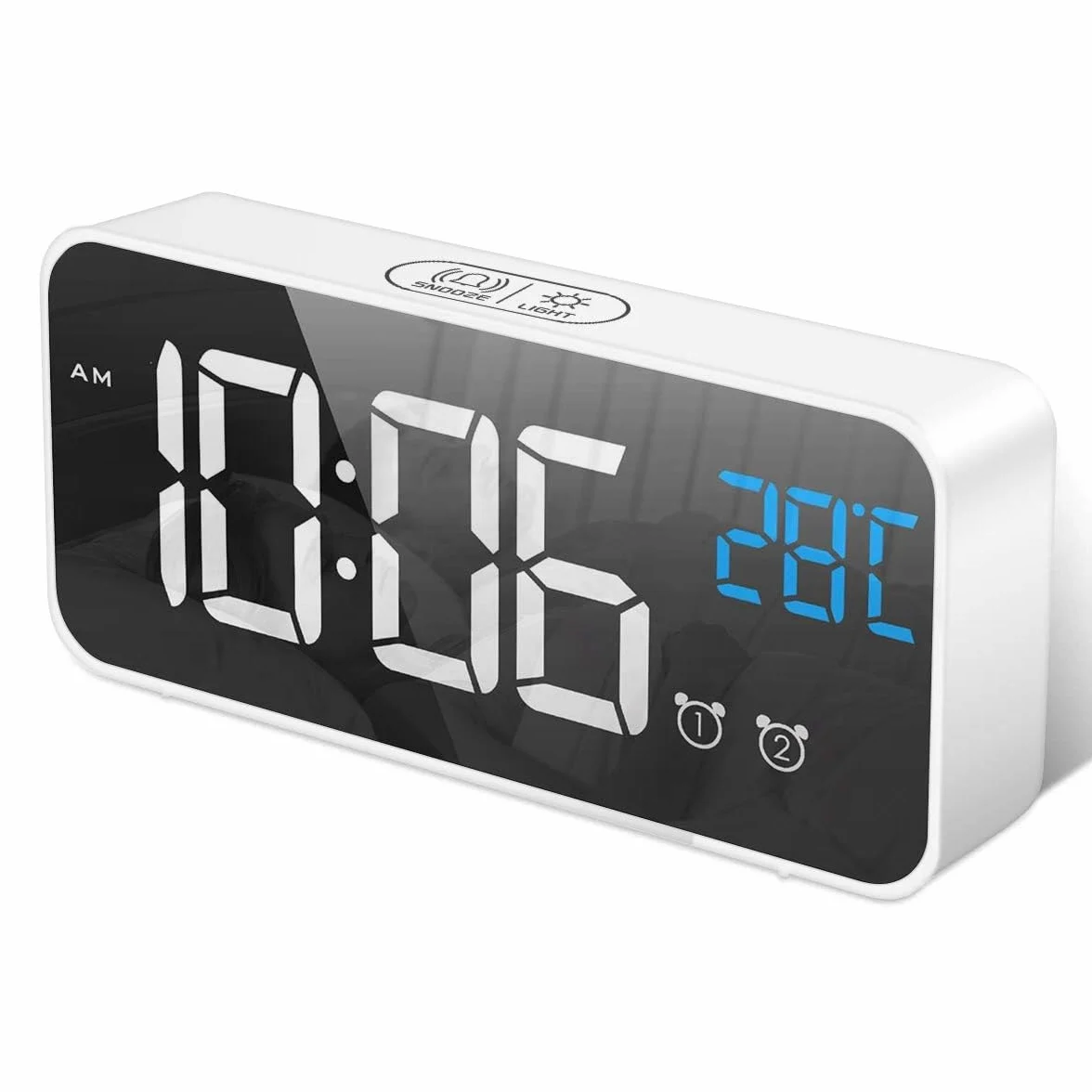 Reloj Despertador Digital LED con Pantalla de Temperatura, Alarma de Espejo Portátil, Doble Alarma, Atenuador Brillo 4 Niveles Blanco