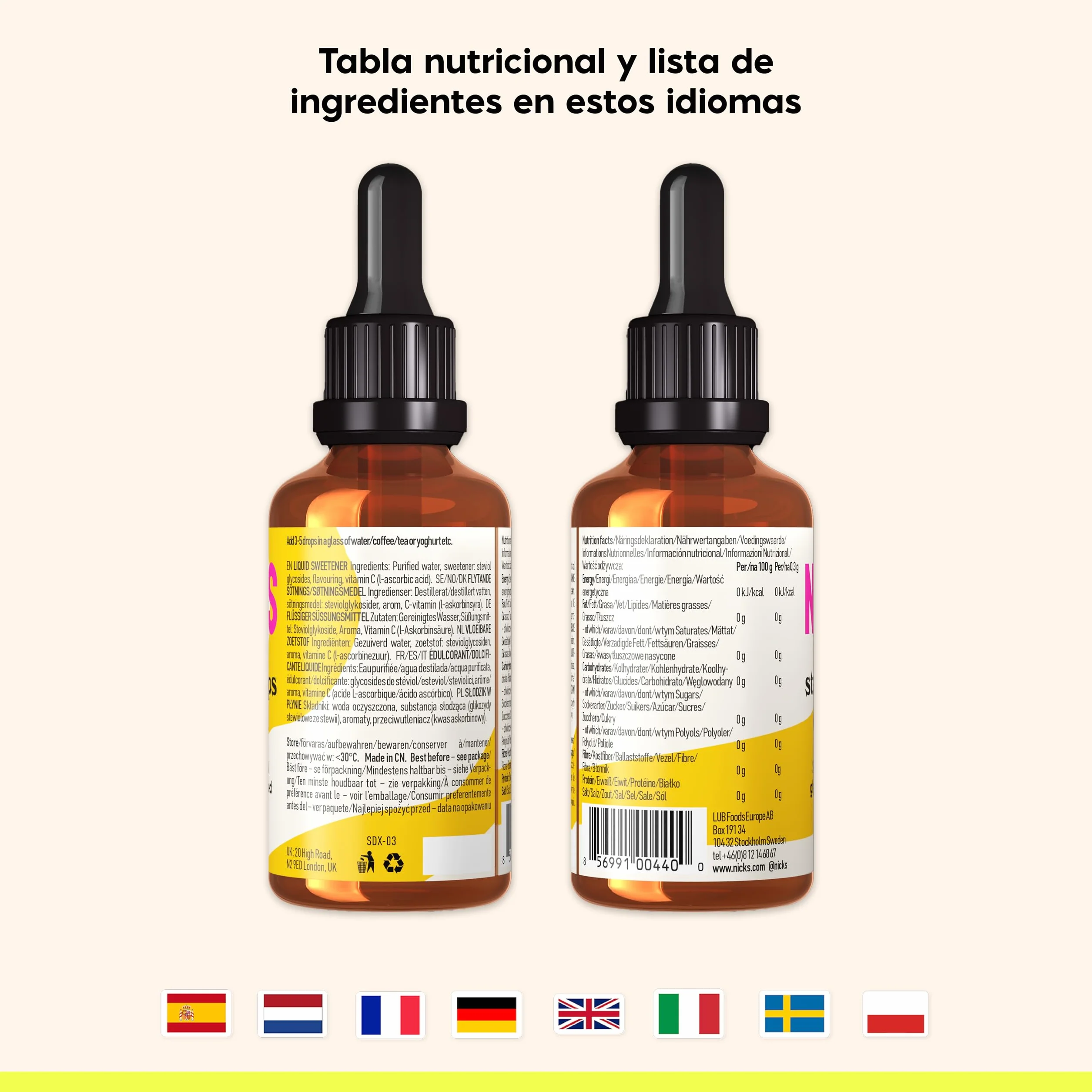 NICKS Stevia Líquida Gotas Caramelo 50ml Edulcorante Cero Calorías Dieta Keto Sin Azúcar Sin Gluten Low Carb