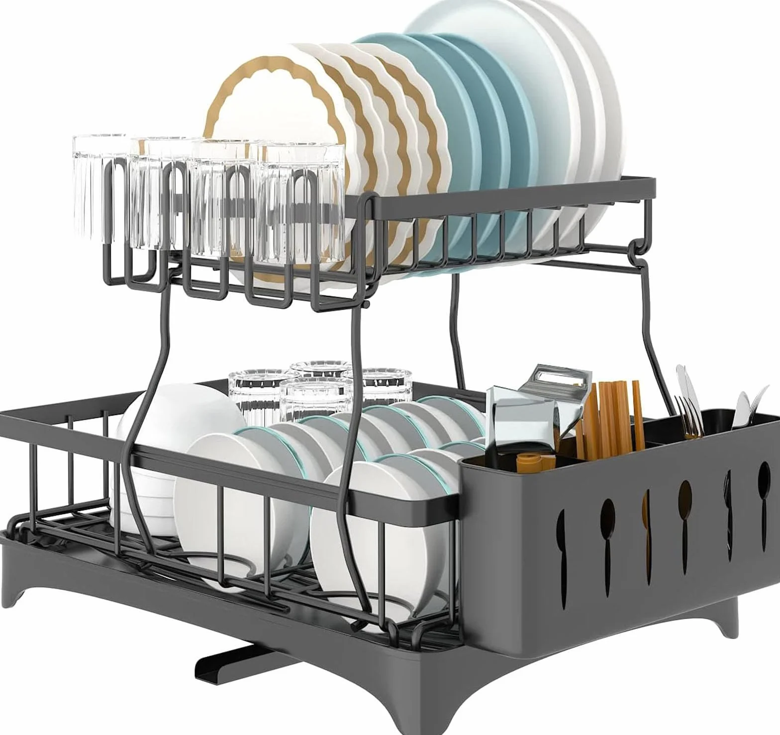 Escurridor de platos grande, juego de secado de platos de 2 niveles con escurridor, coladores de platos negros con cubiertos y portavasos, para una organización óptima en la encimera de la cocina