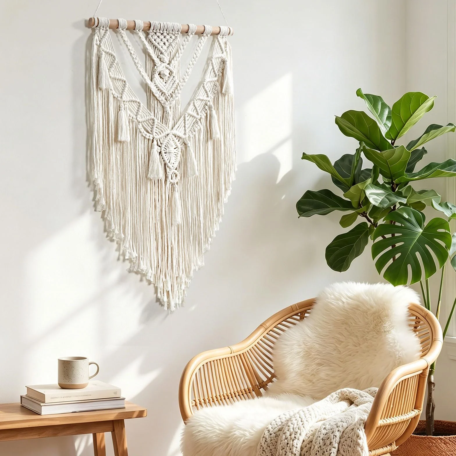 Betylifoy Tapiz de macramé de algodón hecho a mano, macramé, decoración bohemia, tapiz tejido con borlas, decoración de pared, apartamento, dormitorio, balcón, decoración, 70 cm (ancho) x 40 cm (largo