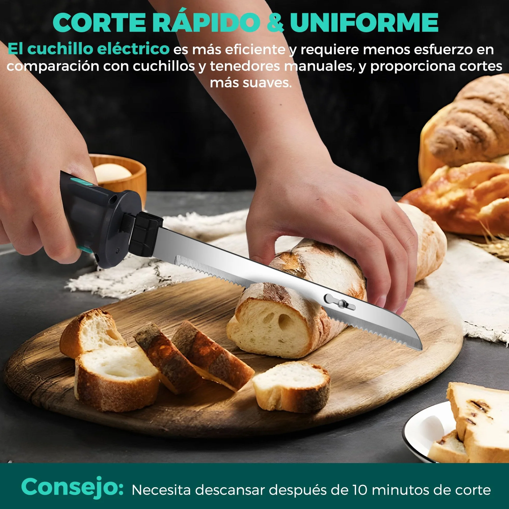 HAUSHOF Cuchillo Eléctrico 8V - Cuchillo de Cocina Inalámbrico, 2 Hojas de Acero Inoxidable, Tenedor Incluido, Apto para Lavavajillas, con Caja de Almacenamiento, Ideal para Carne, Pan, Jamón y Queso