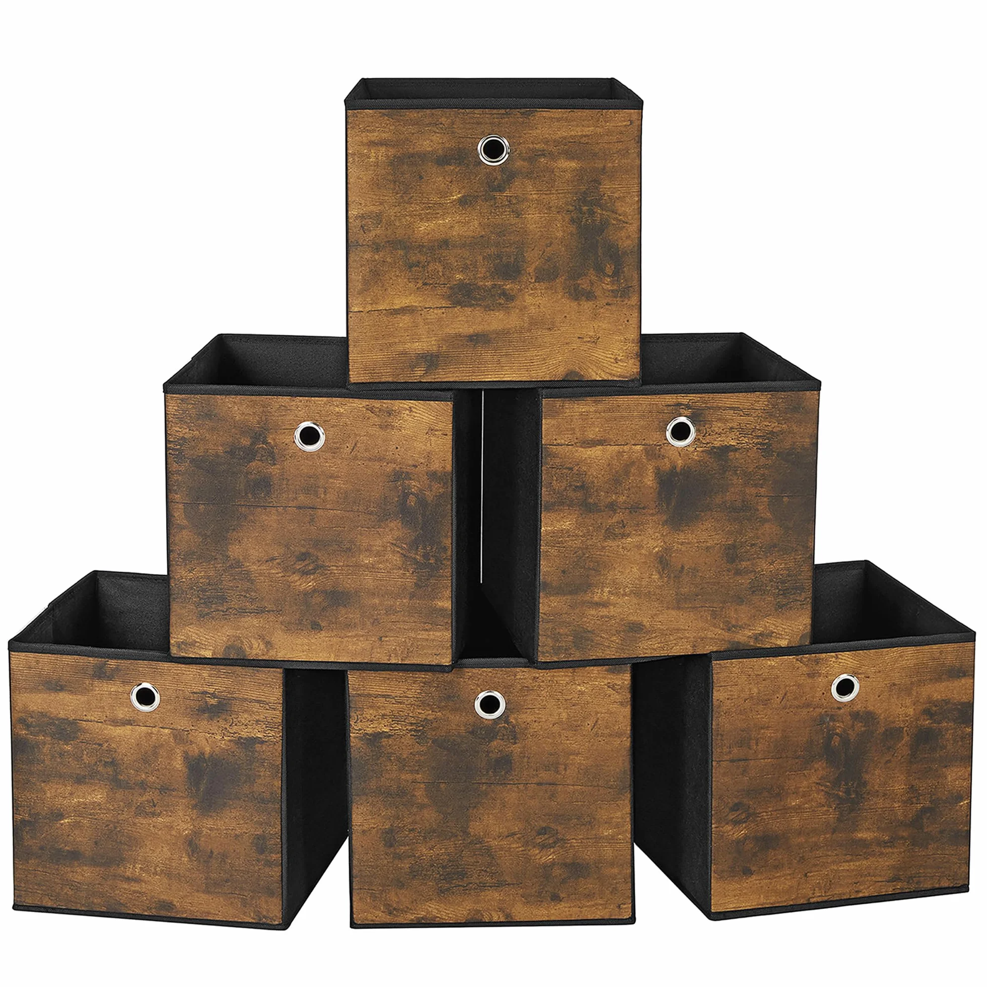 SONGMICS Caja Almacenaje 6 Cajas Almacenamiento Tela Oxford 30x30x30 cm Plegable Marrón Rústico y Negro