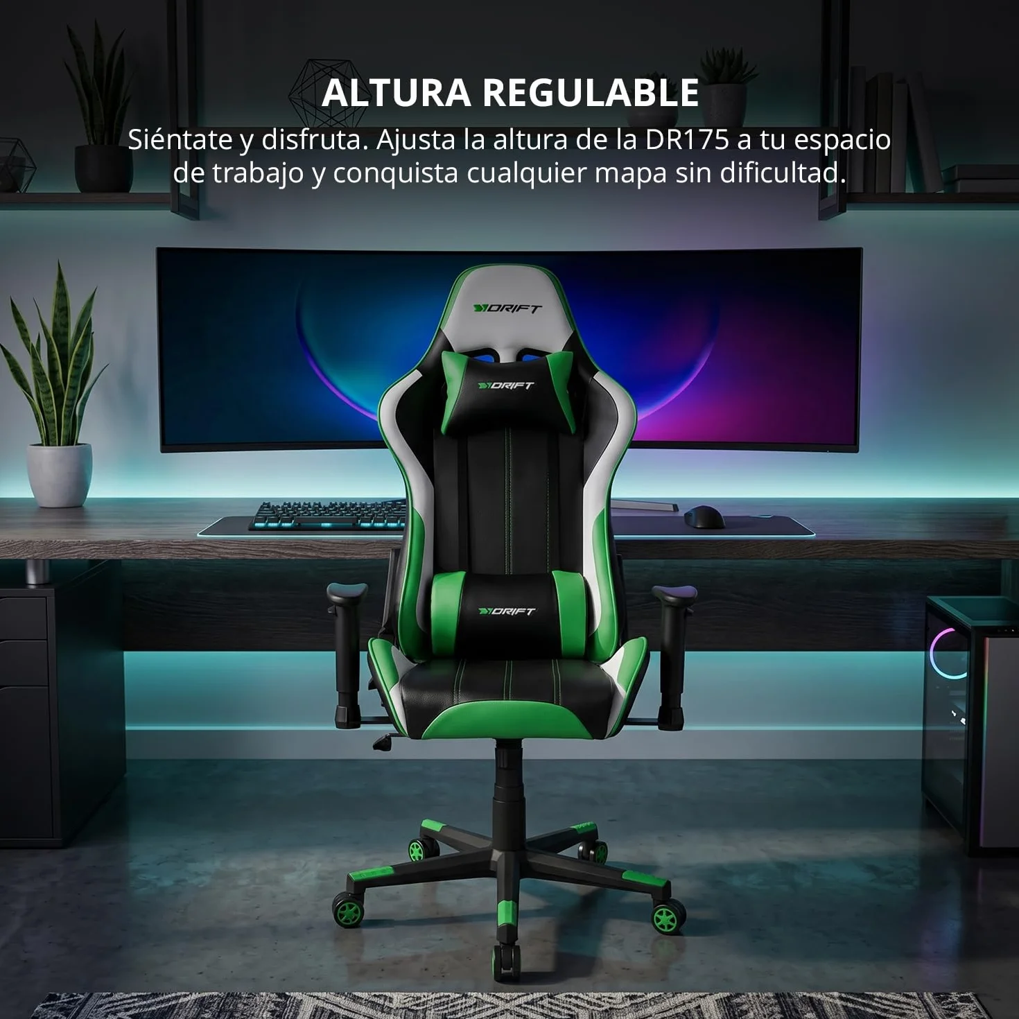 DRIFT GAMING DR175 - Silla Gaming Profesional, polipiel, reposabrazos ajustables 2D, pistón clase 4, giratoria, mecanismo de mariposa, cojín lumbar y cervical, color negro/blanco/verde