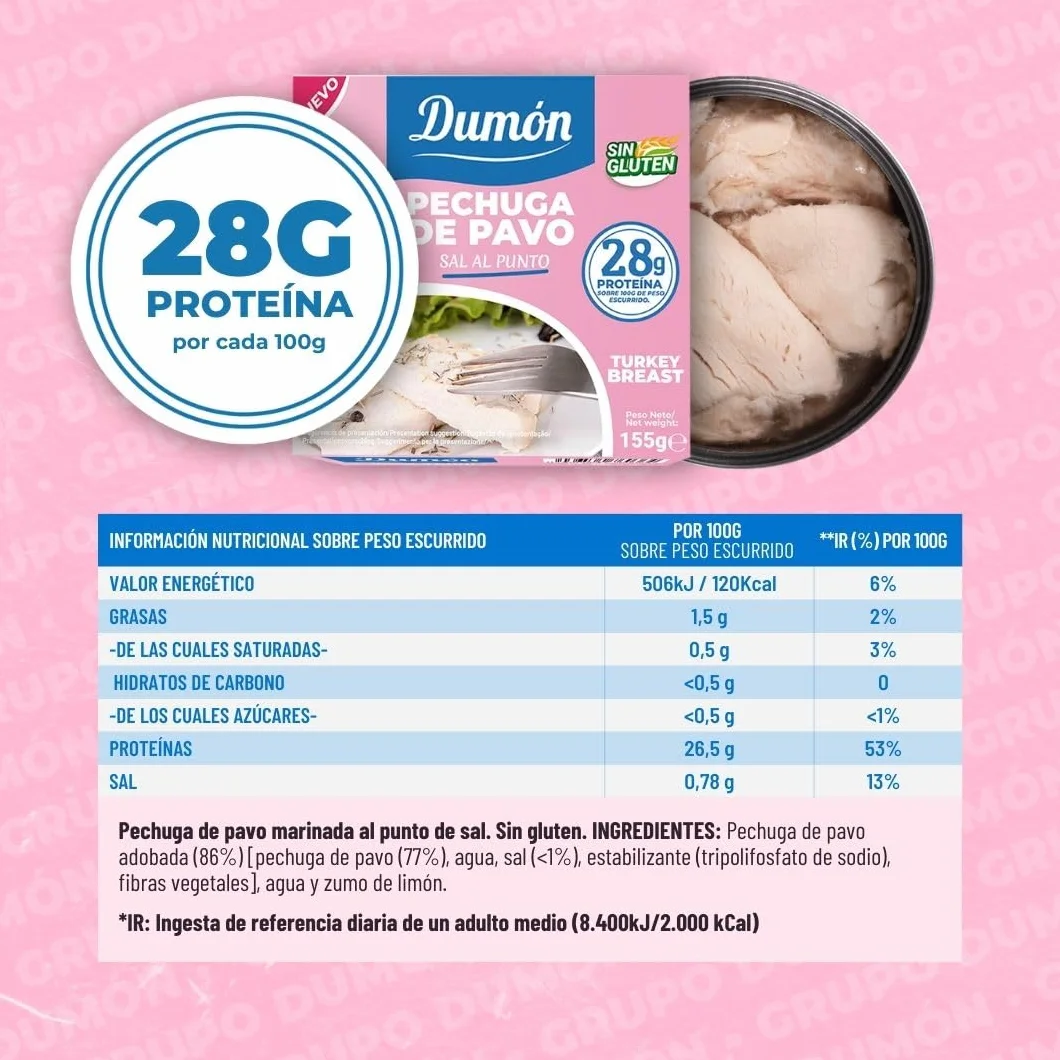 DUMON Conserva Pechuga de Pavo al Natural, 12x155g, 28g Proteína, Sin Gluten