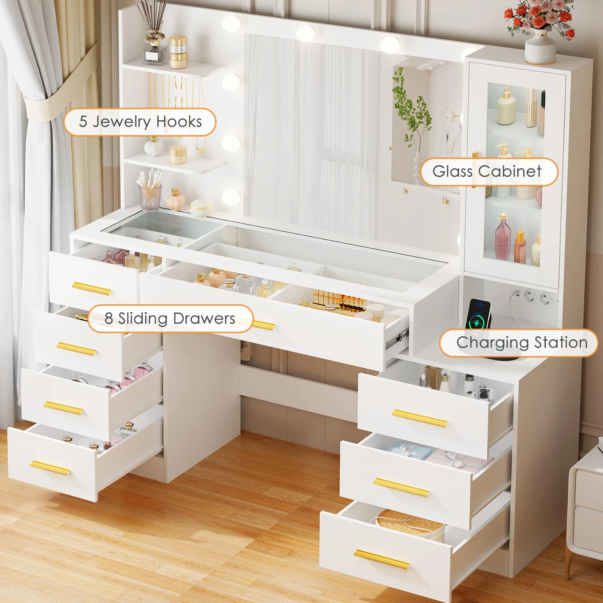 ANWBROAD Grande Tocador con Espejo y Luces LED Regulables Tocador de Maquillaje con Vidrio y Enchufes,Mesa de Maquillaje con 8 cajones 3 estantes Abiertos y 5 Ganchos para Joyas Moderno Blanco BDT88W
