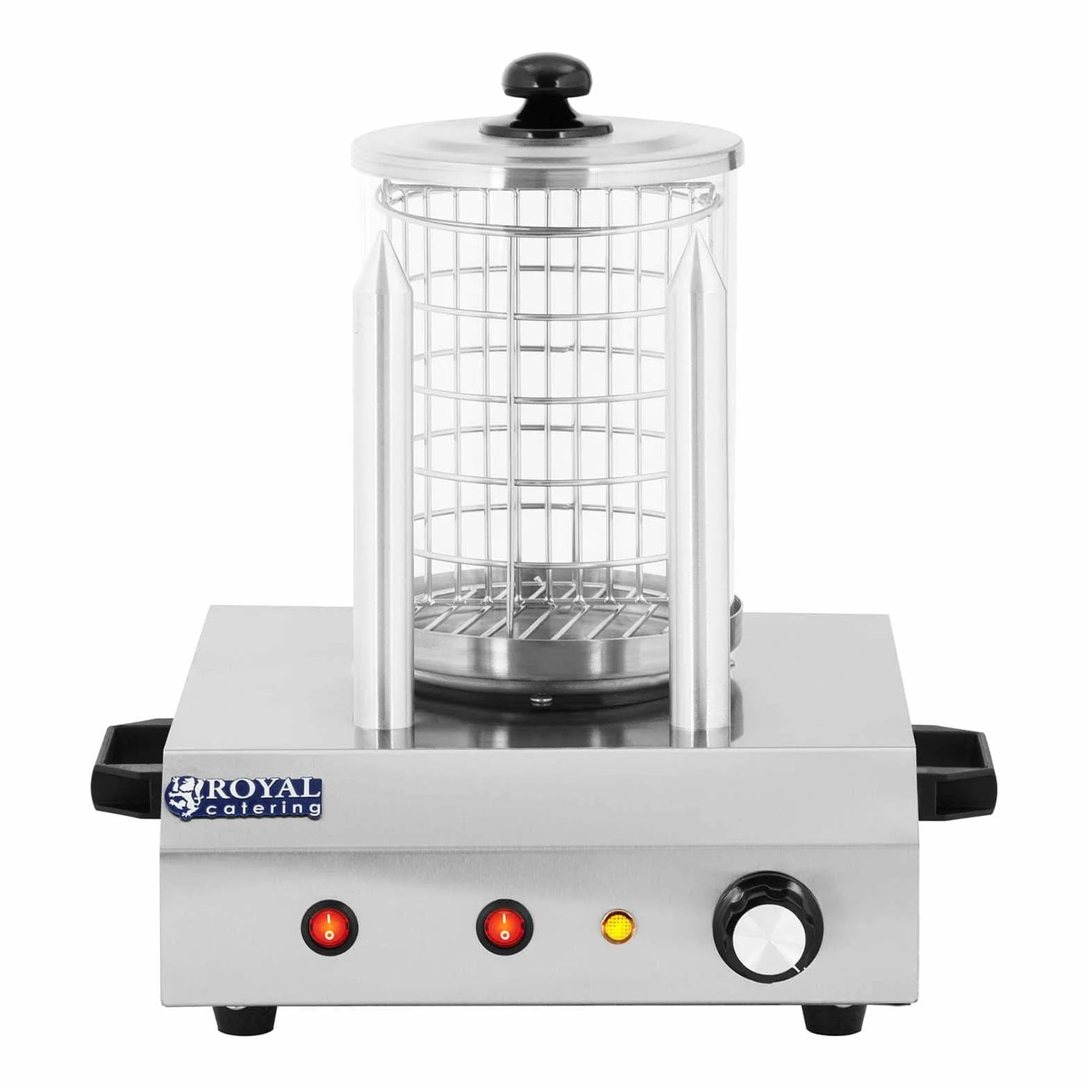 Royal Catering Máquina de Perritos Calientes Hot-Dog Machine con 2 Pinchos RCHW-350-2 (422 W, Temperatura hasta 97 °C, Vidrio templado, Acero inoxidable, Aluminio, 500 ml)
