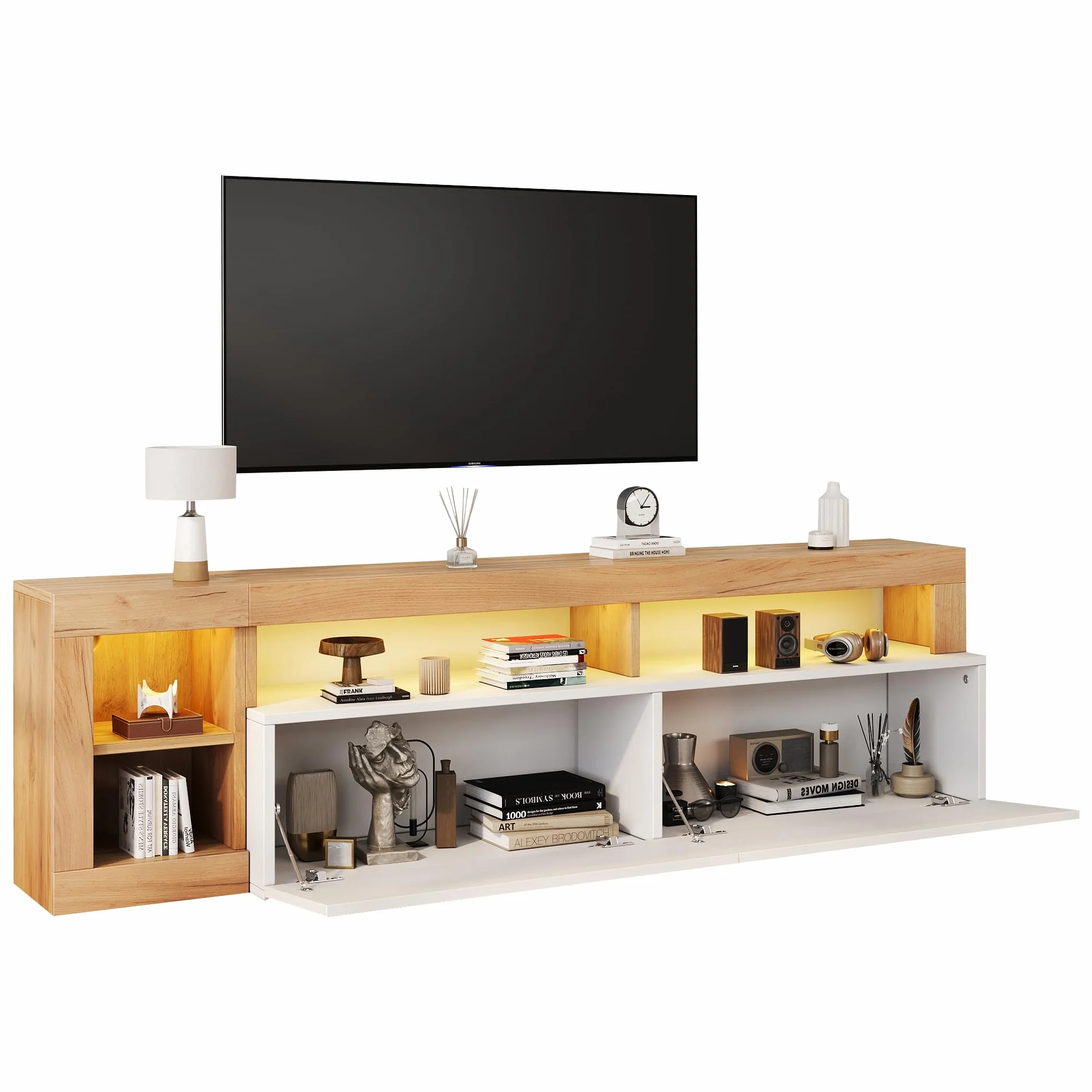 Mueble de TV moderno para televisores de hasta 80 pulgadas, espacio de almacenamiento abierto con luz indicadora LED, adecuado para armario de dormitorio y sala de estar, marco de madera