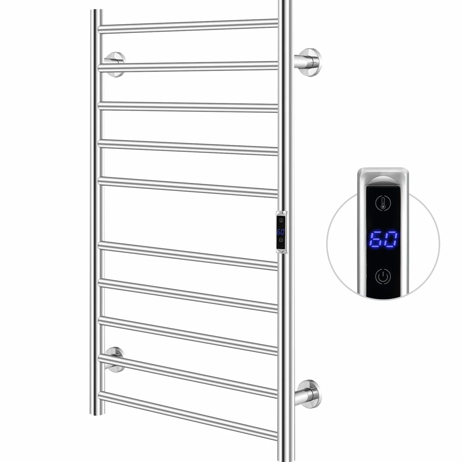COSTWAY Toallero Eléctrico, Calentador de Toallas Montado en la Pared con Temporizador de 1-8H y Pantalla LCD, Calentador de Toallas de Baño de Acero Inoxidable, Plateado (120W, con 10 Barras)