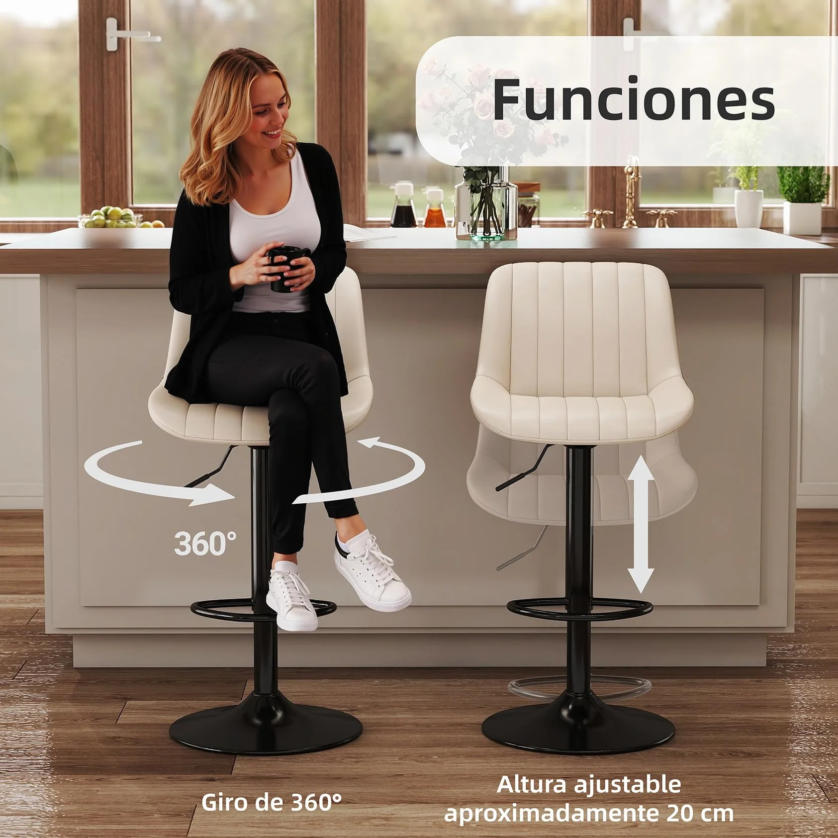 Youhauchair Taburetes Altos de Cocina Juego de 3, Taburete de Bar Giratorios Ajustable, Cuero PU, Beige