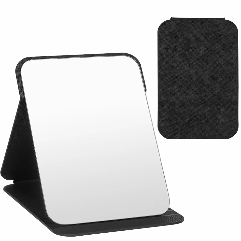OSDUE Espejo Plegable de Maquillaje de Viaje Portátil de Cuero PU con Soporte Ajustable, Negro Grande y Extra Grande
