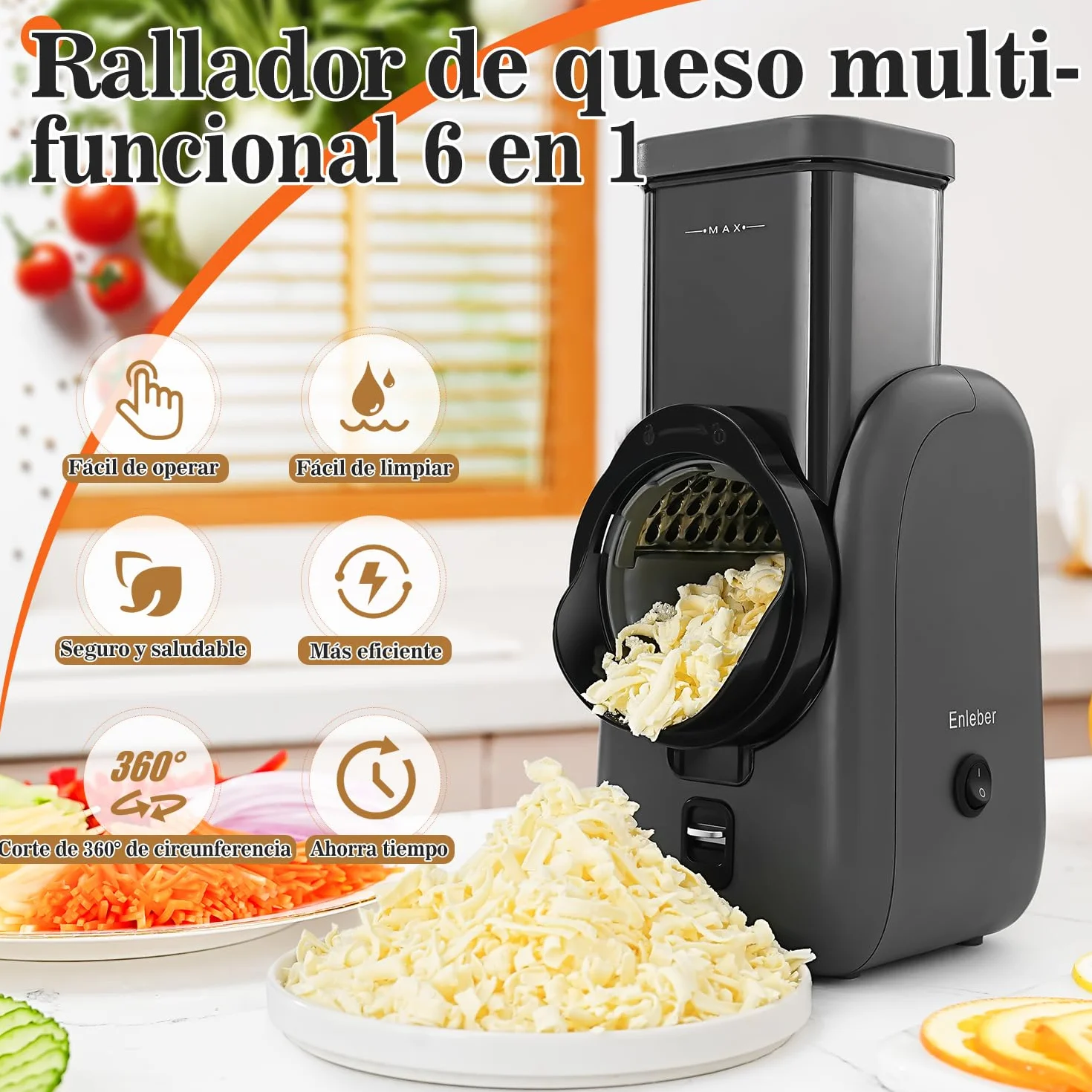 Rallador Eléctrico de Queso, Verduras y Fruta, Cortador Eléctrico, para Zanahorias, Pepino, Manzanas, Nueces Gris-Negro