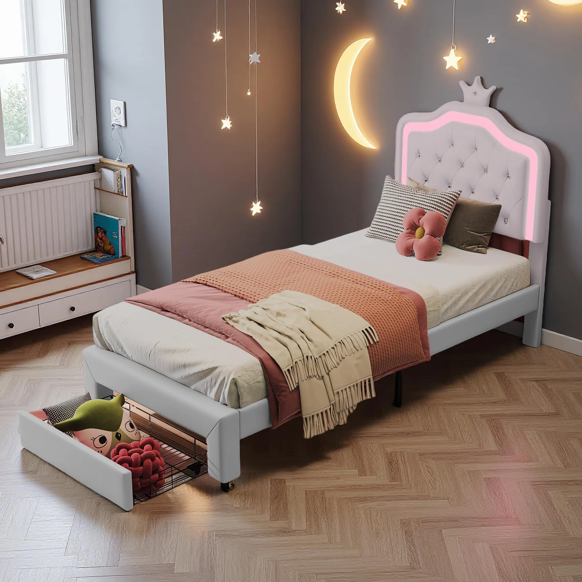 Cama Infantil 90x200 cm, Cama de Princesa con cabecero LED Corona, Camas Individuales Acolchadas con Somier de Láminas, Estructura de Cama para Niña con cajón, Camas de 1 Plaza para Niña
