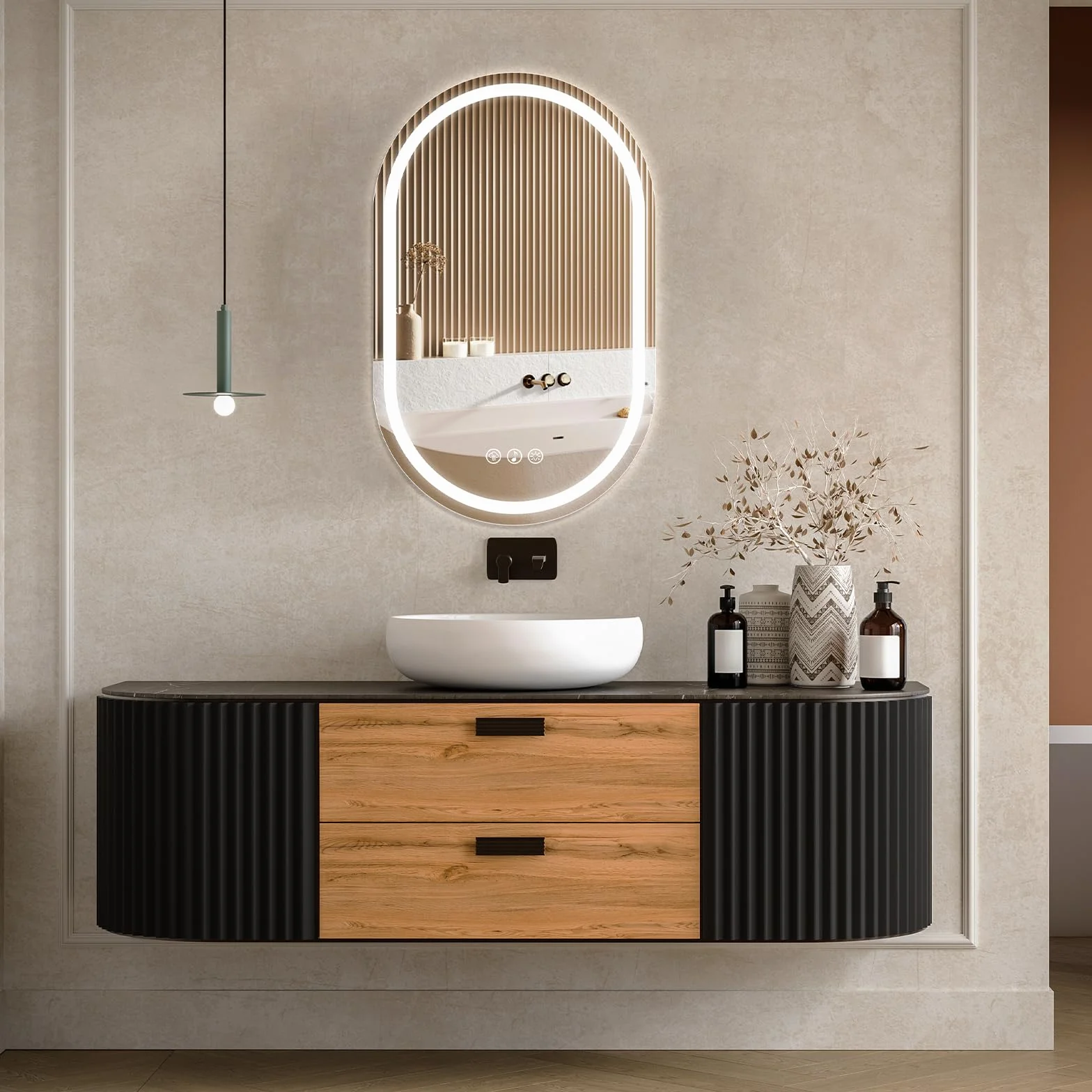 Ratsamee Bluetooth Espejo de Baño Ovalado con Luz 50x80cm, Espejos de Baño con LED con Antivaho, Regulable, 3 Colores Luz, Función Memoria