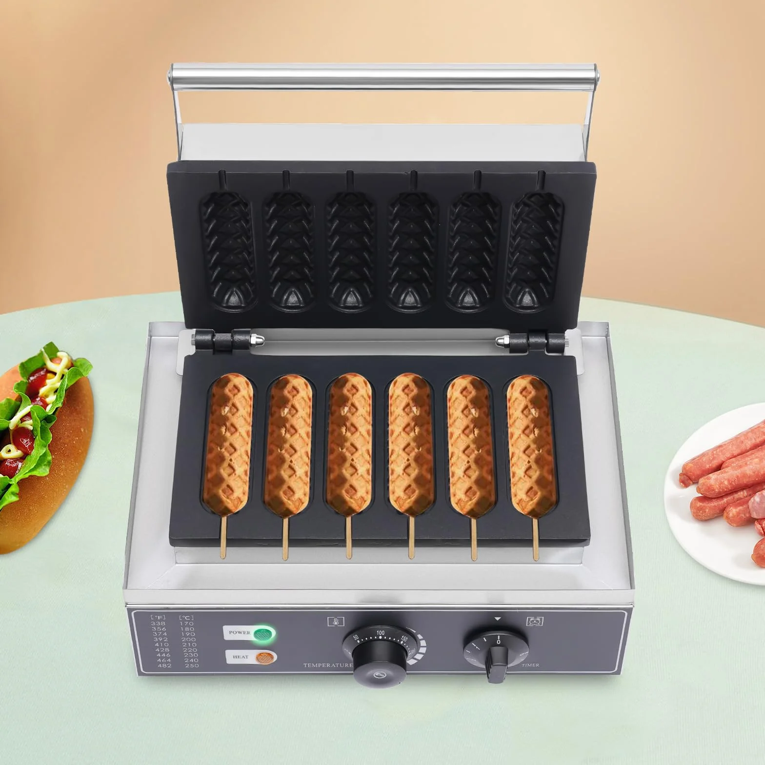Máquina de perritos calientes 1500W 220V 6 unidades control temperatura 50-300℃ acero inoxidable