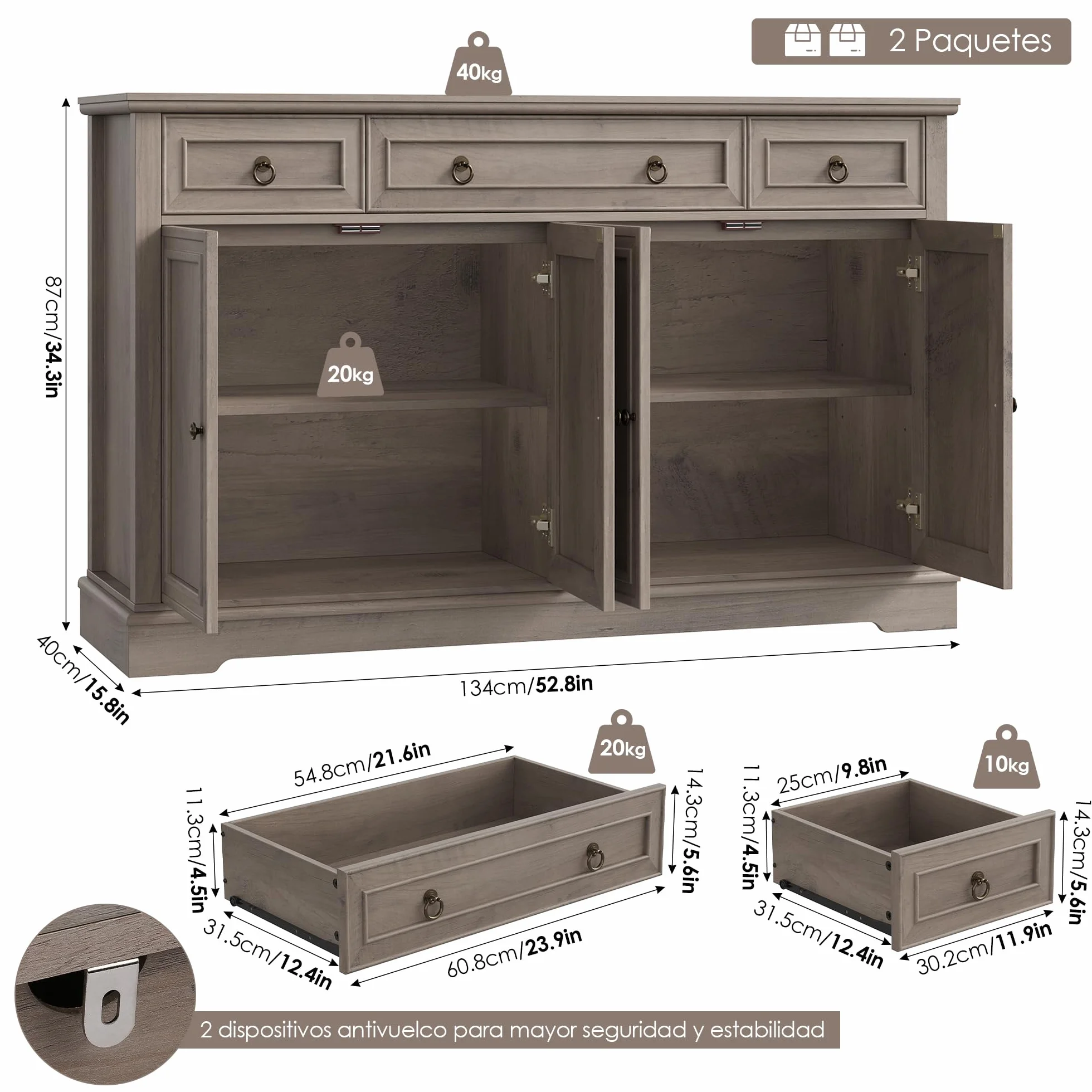 FirFurd Aparador Cocina, Armario de Almacenaje Comedor, Mueble Auxiliar de Cocina, Mueble Aparadores Salón con 3 Cajones y 4 Puertas, Estantes Ajustables 134x40x87cm Marrón