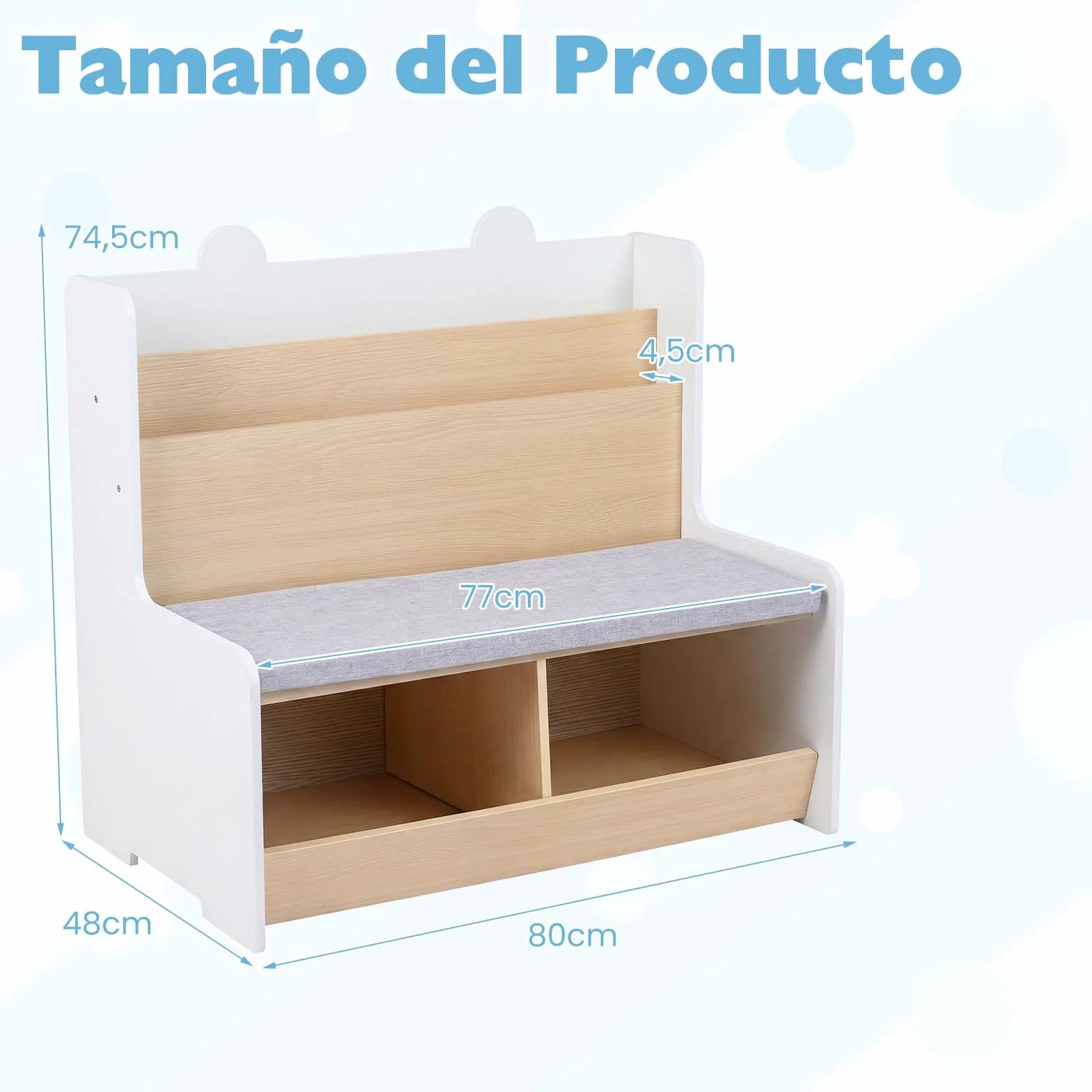 COSTWAY Banco de Almacenamiento Infantil 3 en 1 Baúl Juguetes Cojín Acolchado Funda Desmontable Estantería Compartimentos Abiertos Blanco