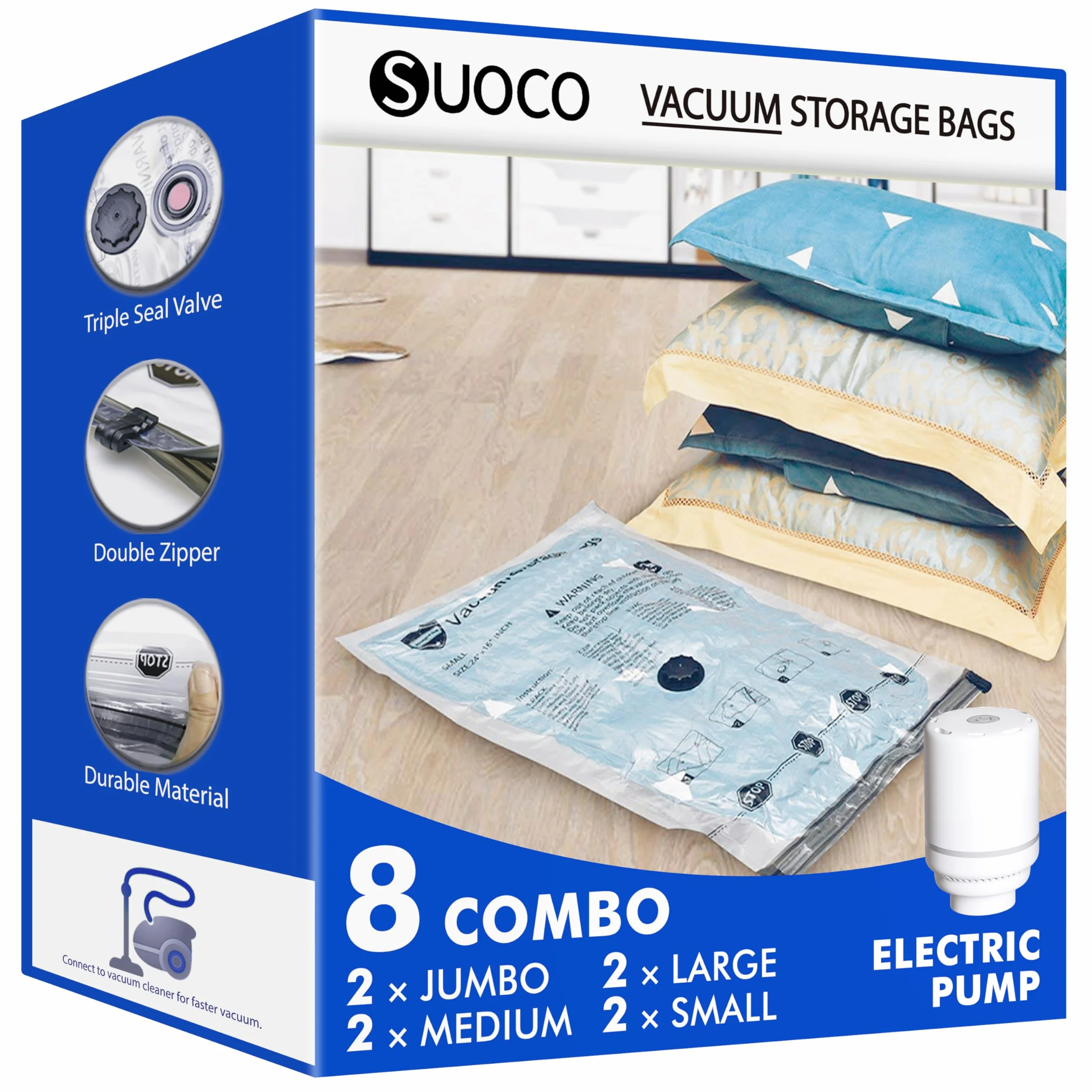 SUOCO Bolsas al Vacío Ropa, Juego de 8 Bolsas con Bomba Eléctrica, Almacenaje al Vacío para Viaje y Hogar