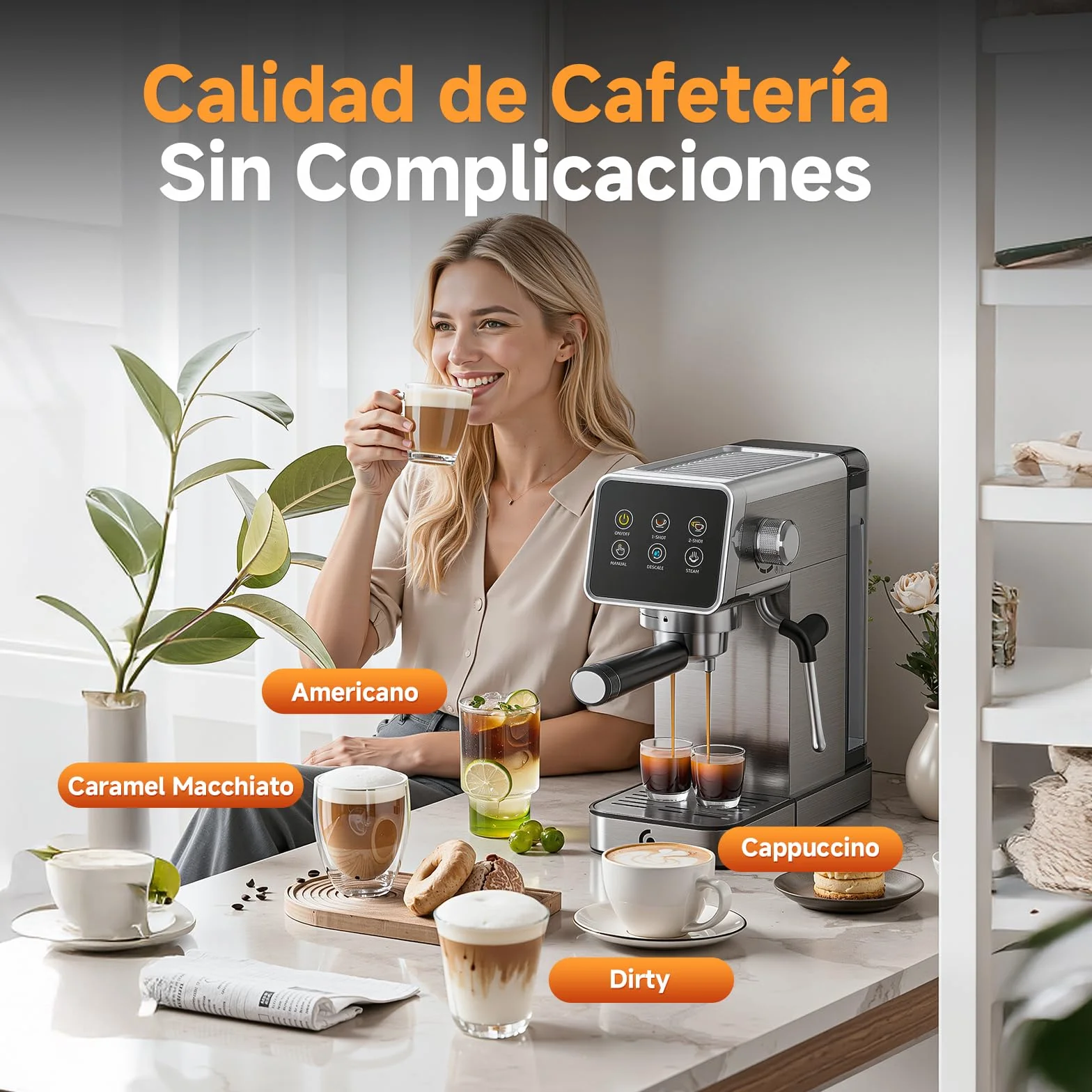 AMZCHEF Cafetera Espresso 20 Bar de Acero Inoxidable con Pantalla LED Táctil, Cafetera Express con Autolimpieza y Vaporizador de Leche, Compacta para Cappuccino y Latte, Ideal para Casa y Oficina