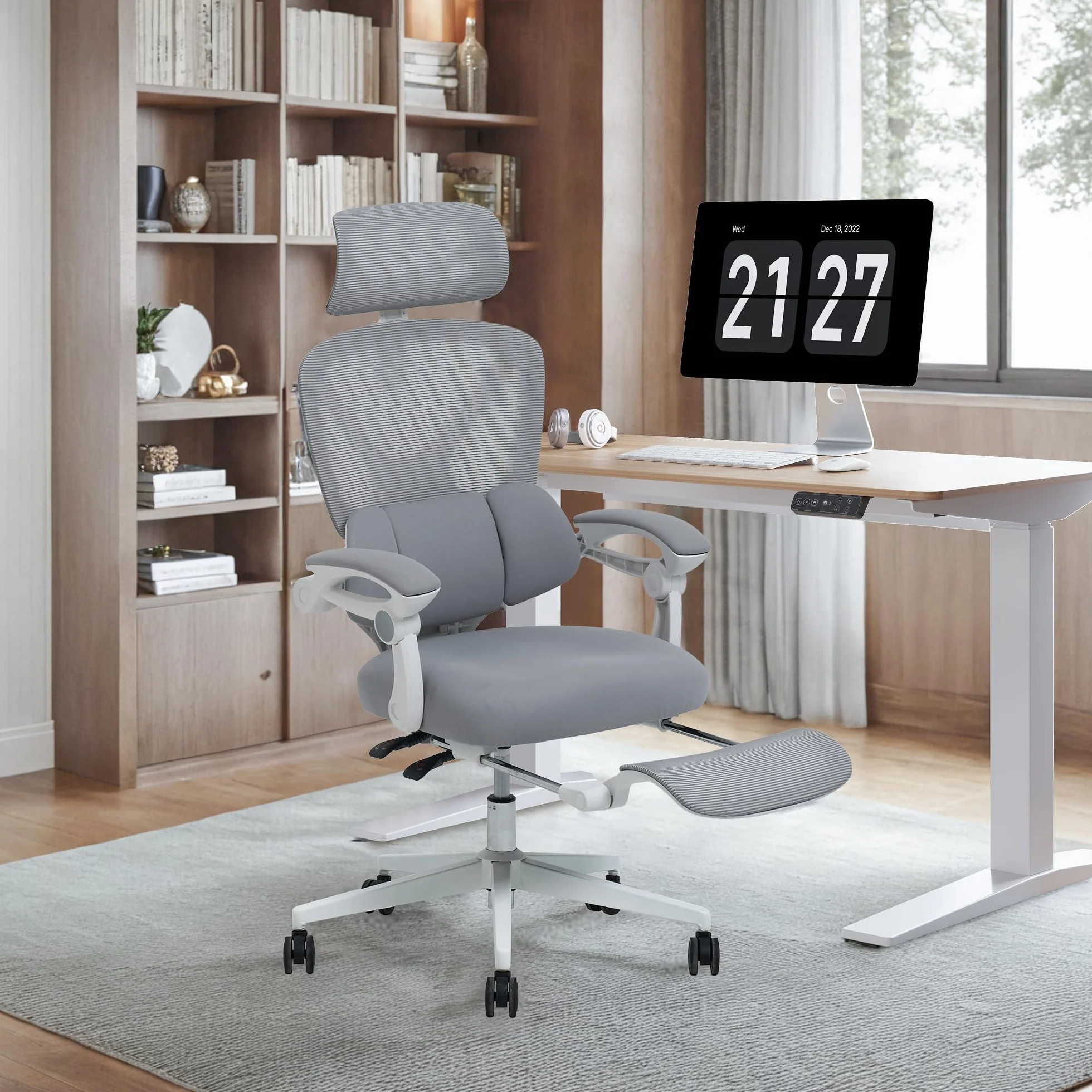 FLEXISPOT OC4 Silla Ergonomica Escritorio con Reposapiés, Silla Escritorio con Soporte Lumbar 3 Zonas, Reclinable 135°, Cojín Transpirable, Altura Ajustable, Ideal Oficina y Teletrabajo, Gris