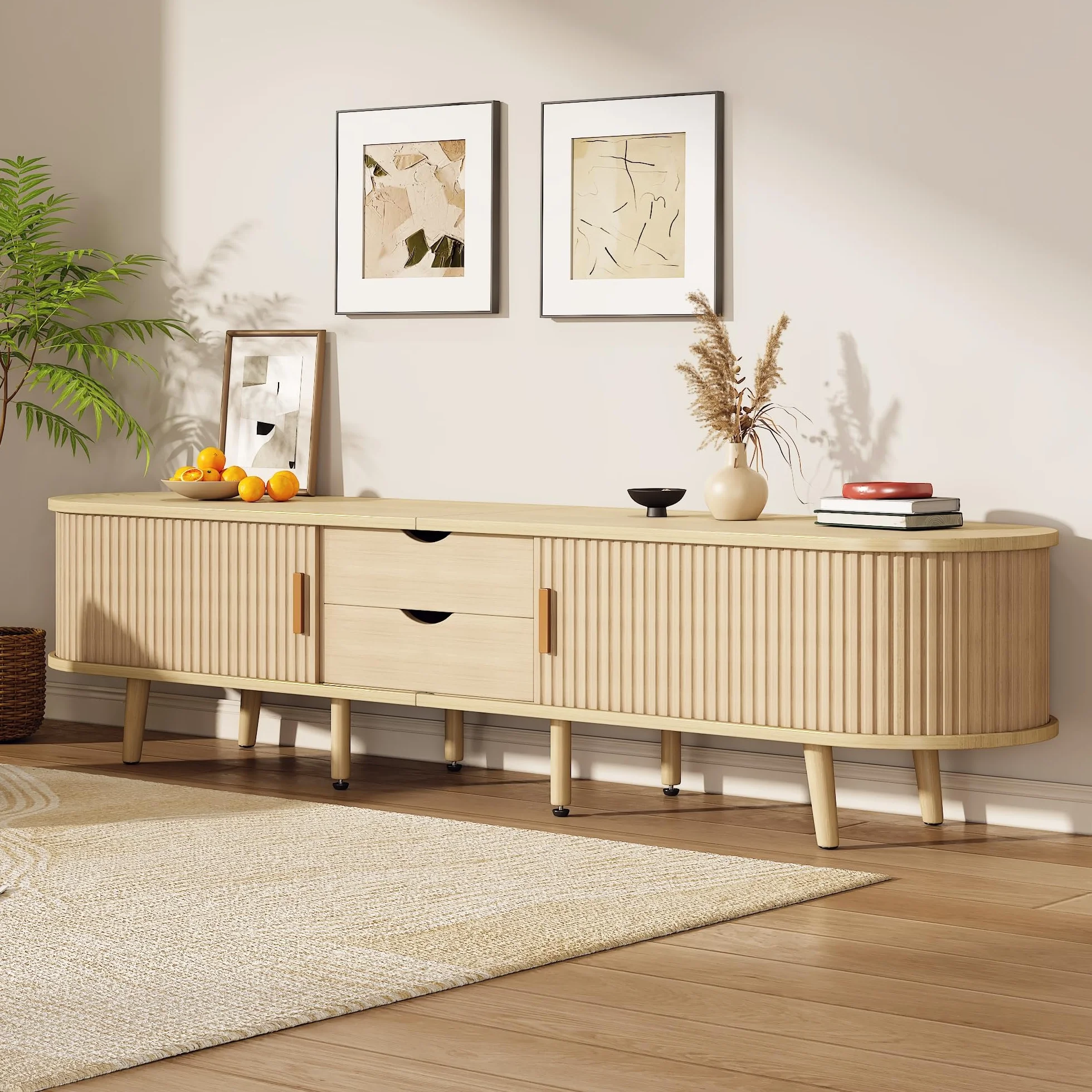 Mueble para TV de salón con espacio de almacenamiento + tablero de fibra de densidad media redonda de grano de madera, 2 cajones, capacidad de carga 30 kg, tamaño 175 x 40 x 42 cm