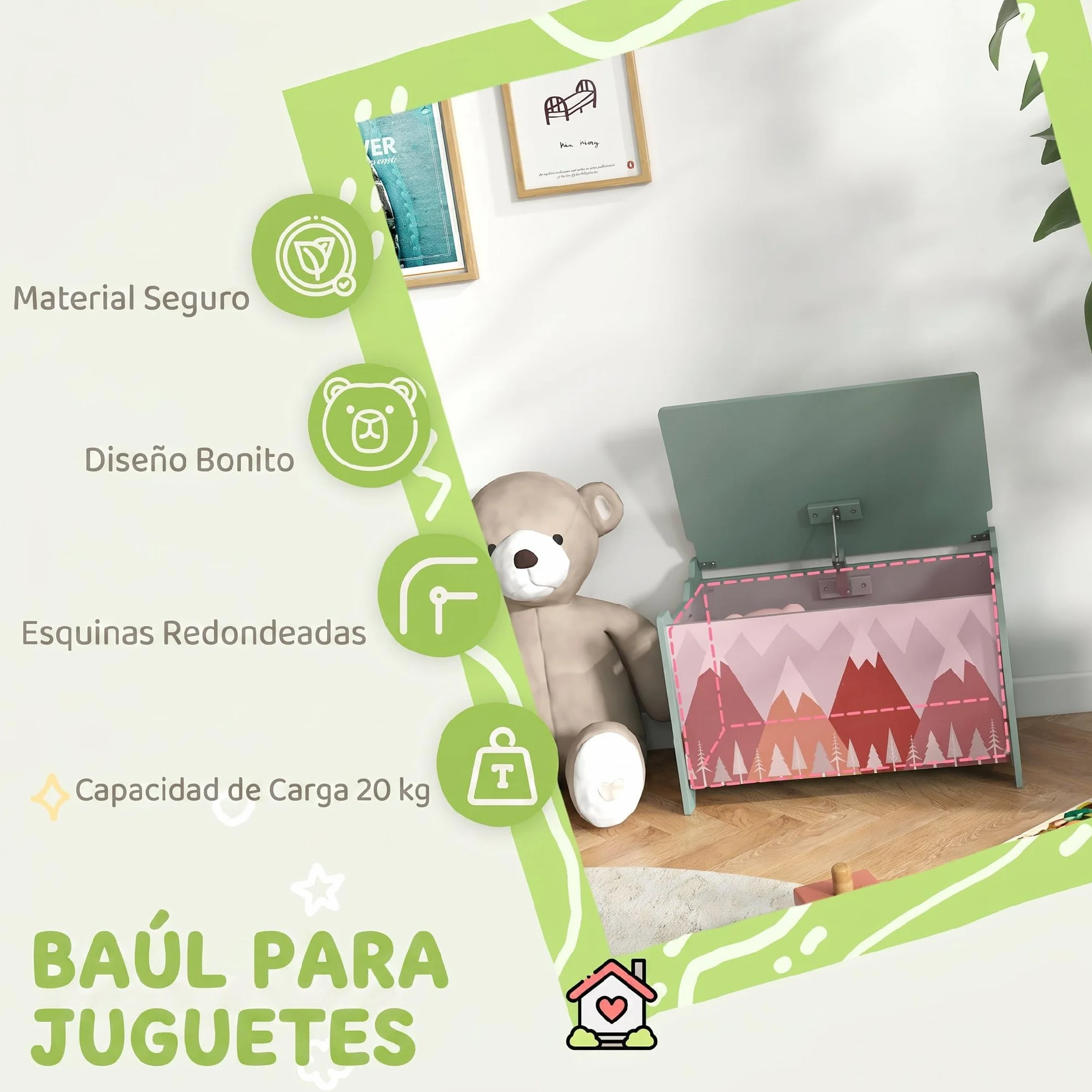 ZONEKIZ Caja de Almacenamiento para Juguetes 60x37x39 cm 20 kg Verde con Asas