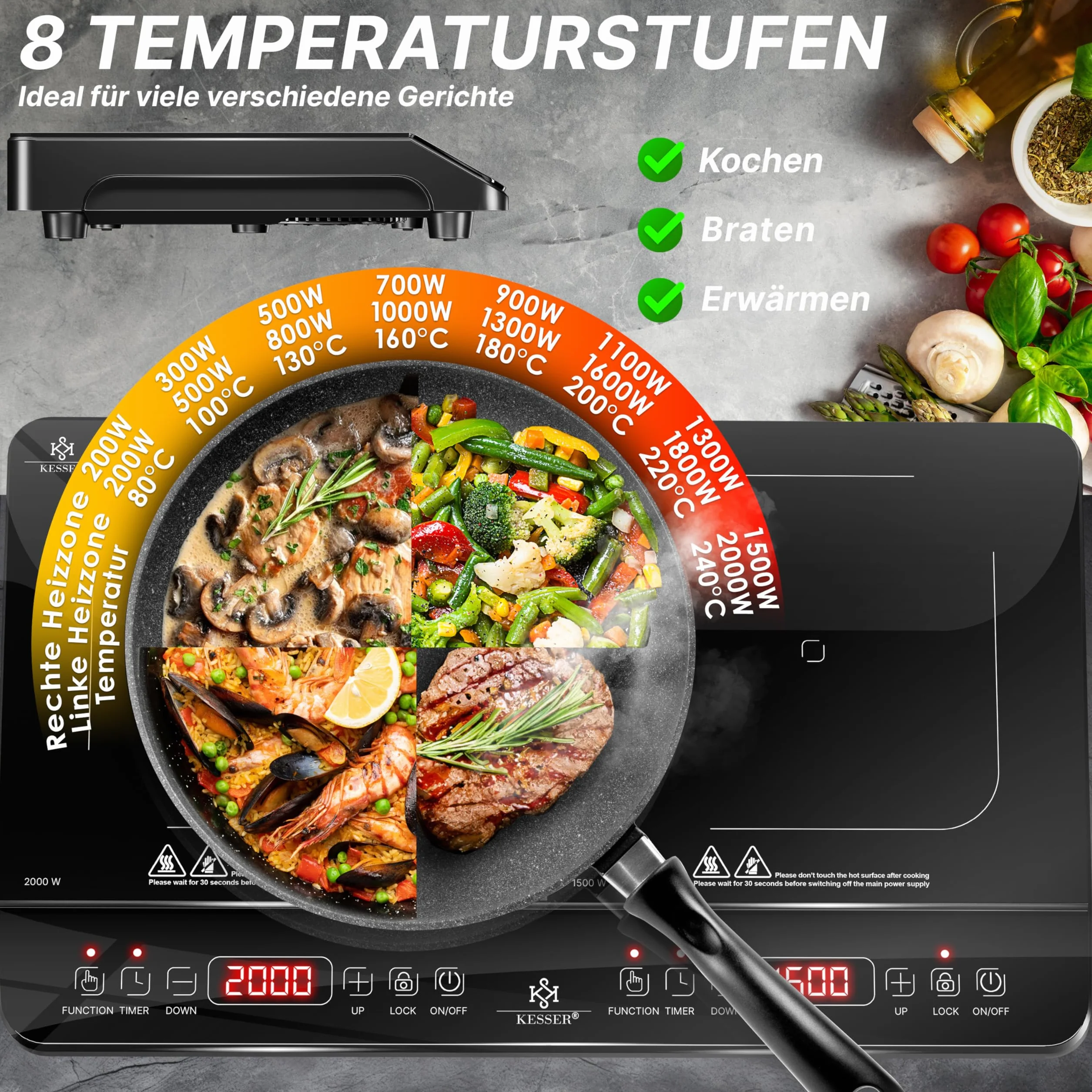 KESSER® Placa de inducción 2 placa 3500W Placa portátil de 57cm + 3 paños de microfibra + 1x libro de recetas, 8 ajustes de calor, temporizador, control táctil, función booster