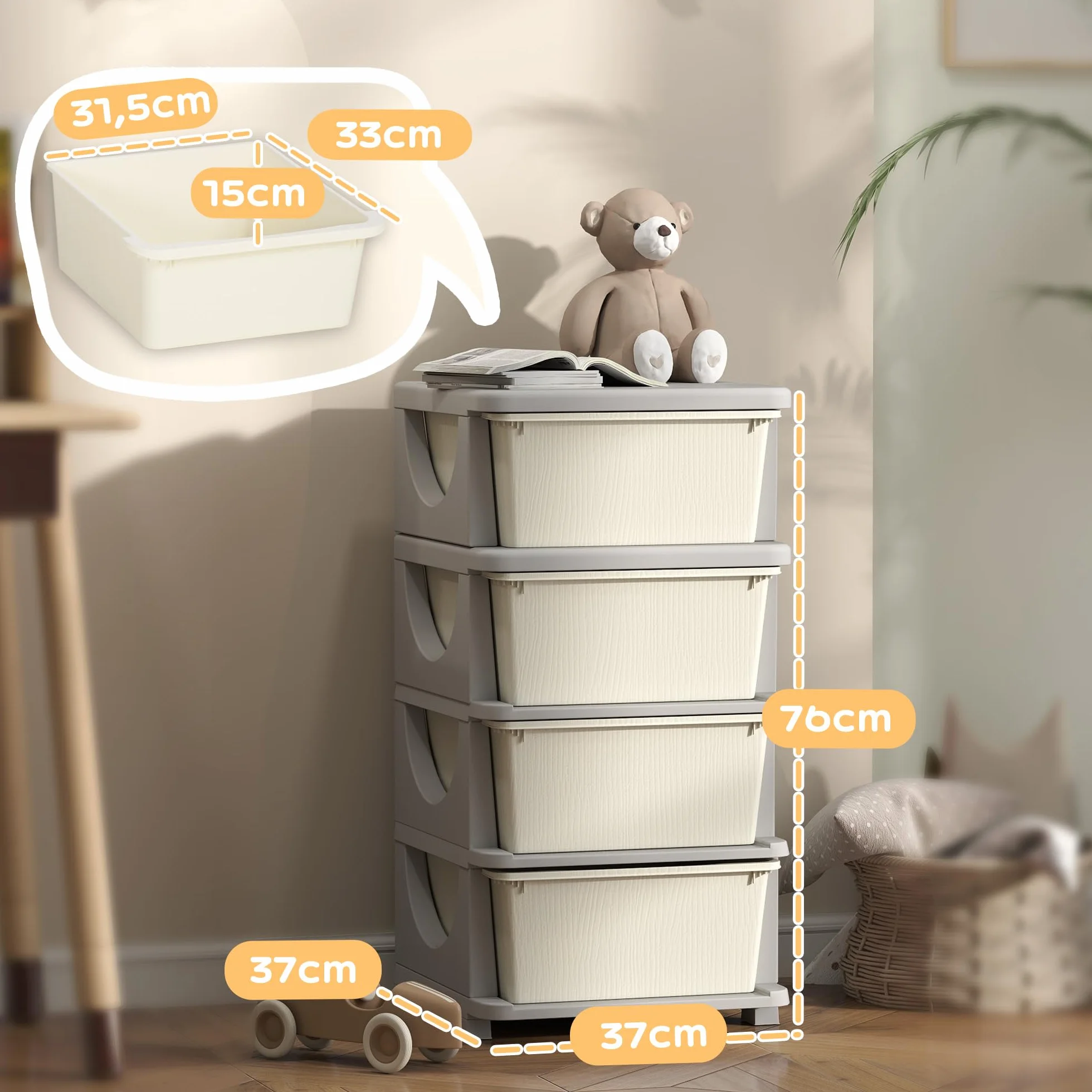HOMCOM Torre de Almacenamiento Infantil con 4 Cajones, Organizador de Juguetes para Niños de +3 Años, con Bordes Redondeados y Asas, para Guardería, Sala de Juegos, Dormitorio, 37x37x76 cm, Crema