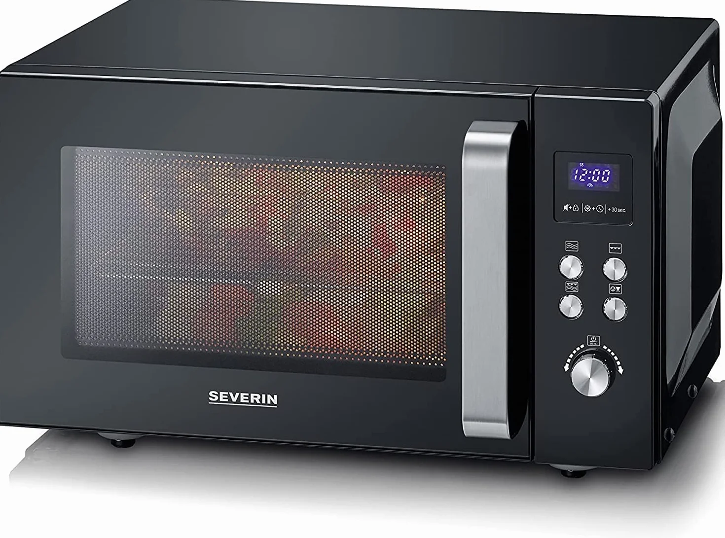 SEVERIN Microondas 2 en 1, microondas con grill y base de vidrio para descongelar y calentar, microondas digital grande para platos cuadrados, negro/acero inoxidable, MW 7763