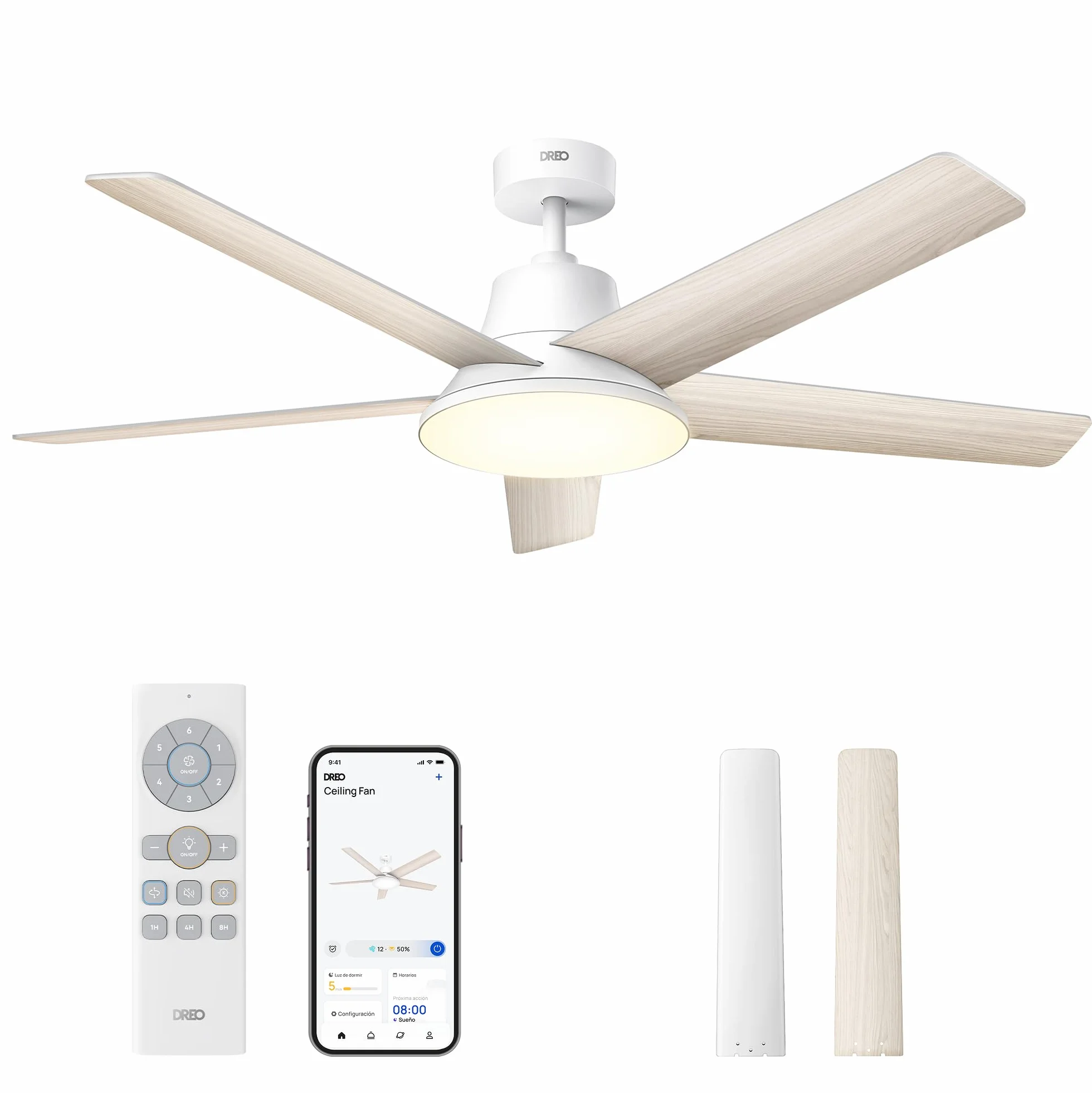 Dreo ventilador techo inteligente de 132 cm con luz LED regulable, 12 velocidades, 3 modos, temporizador de 12h, motor DC silencioso, control por control remoto/APP/Alexa, blanco para interiores
