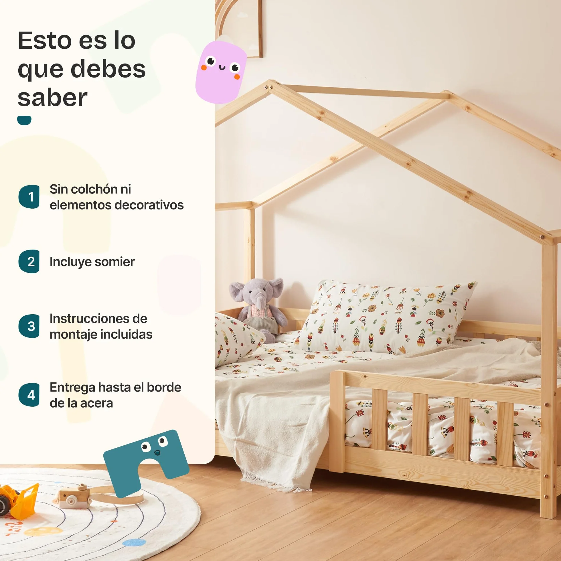 [en.casa] Cama para niños Casita Treviolo hasta 120 kg Cama Infantil con Reja Protectora Forma de casa de Madera Pino 120 x 200 cm - Pino Natural