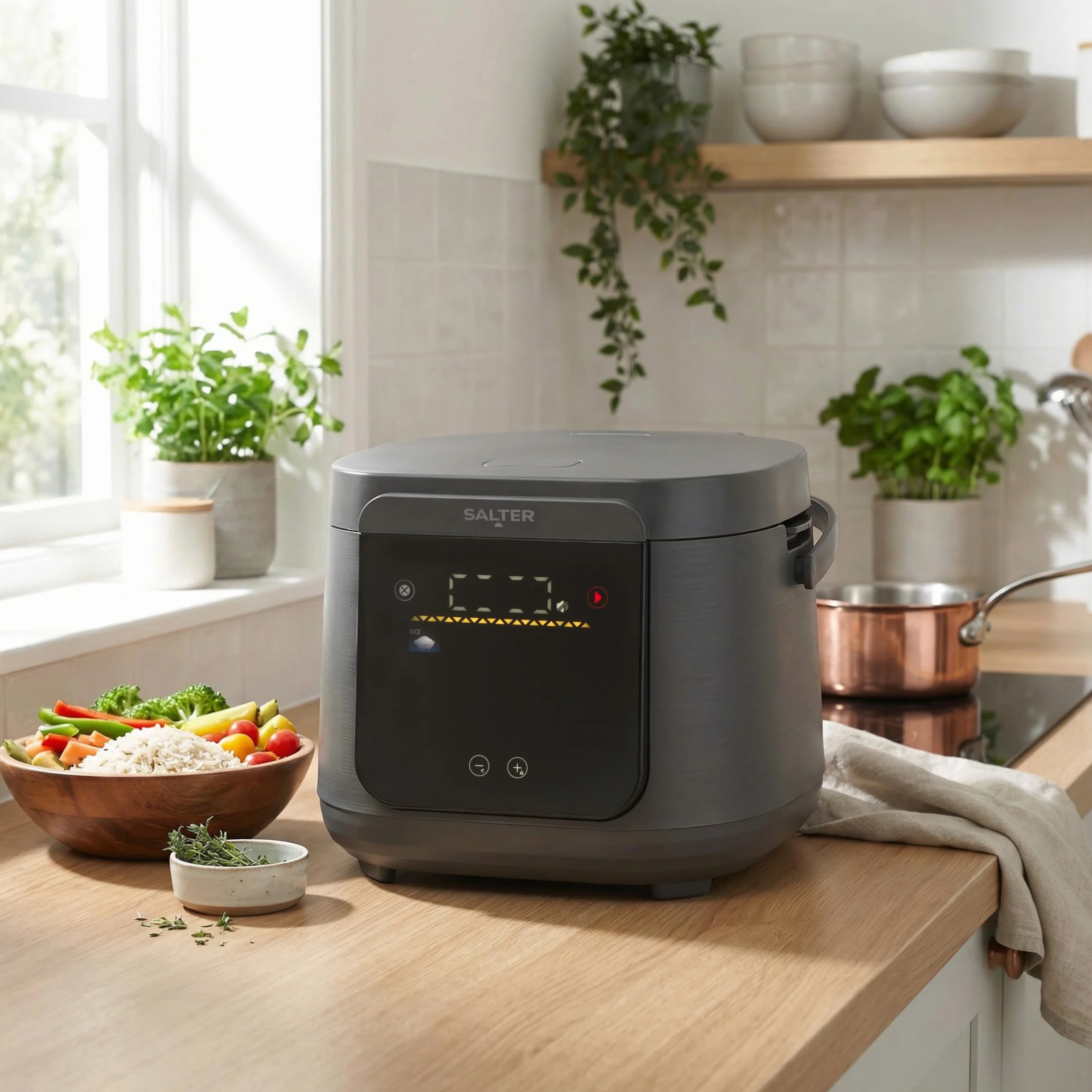 Salter Multicooker de 5 litros - 20 programas preestablecidos y función mantener caliente durante 12 horas, recubrimiento antiadherente sin PFAS, tapa interior y válvula de vapor extraíbles, 860W