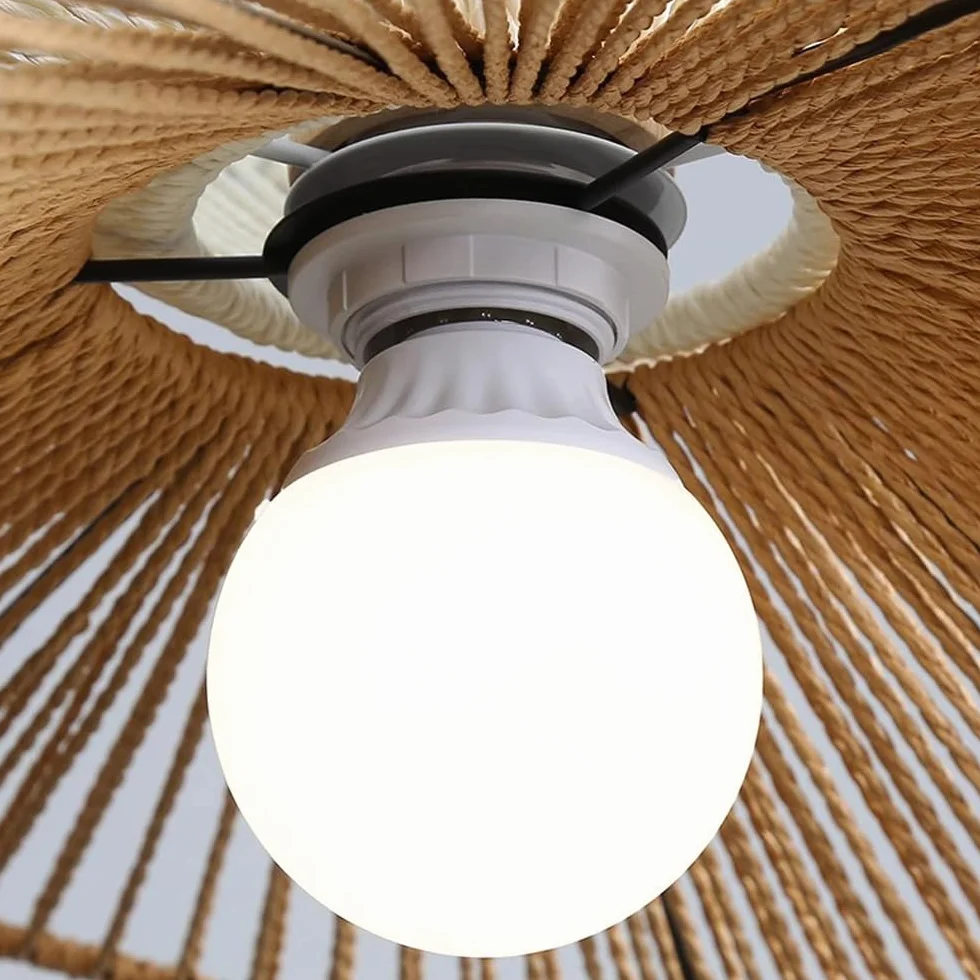 Lámpara colgante de cuerda de cáñamo de ratán costero bohemio, iluminación colgante tejida moderna, lámpara colgante de techo de mediados de siglo marrón y blanco para comedor, cocina, isla, d