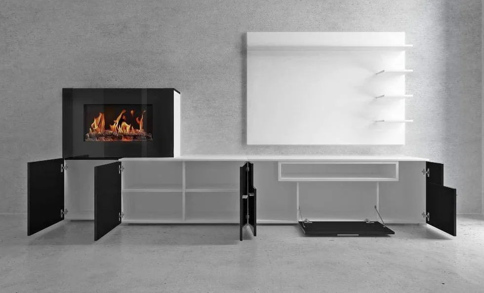 Comfort Home Innovation - Mueble de salón con Chimenea eléctrica con 5 Niveles de Llama, Acabado Blanco Mate y Lacado Blanco Brillante, Medidas: 290 x 170 x 45 cm de Profundidad