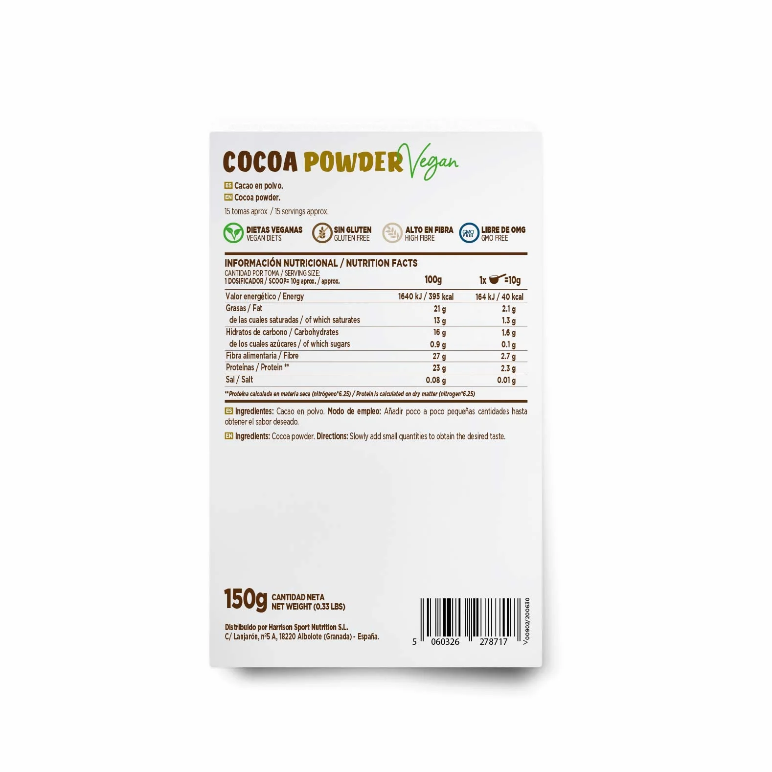 HSN Cacao en Polvo 100% Puro 150 gr 15 Tomas Chocolate Soluble Sin Azúcar Alto en Fibra No-GMO Vegano Sin Gluten