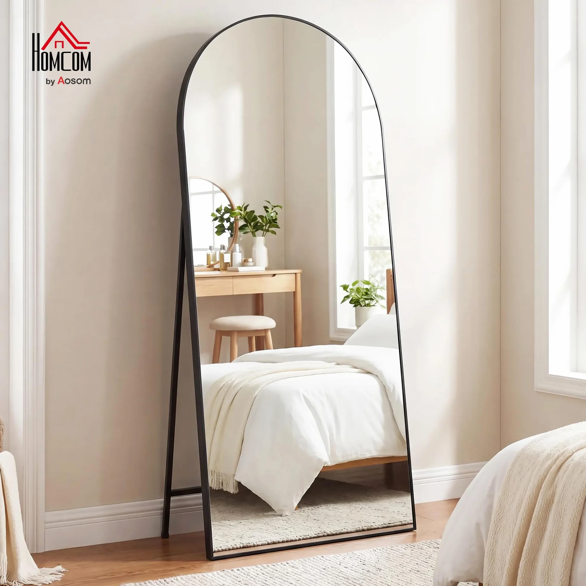 HOMCOM Espejo de Cuerpo Entero, 180x80 cm, Espejo de Pie Arqueado, Marco de Aluminio Negro, Independiente, Apoyado y de Pared, para Dormitorio, Salón