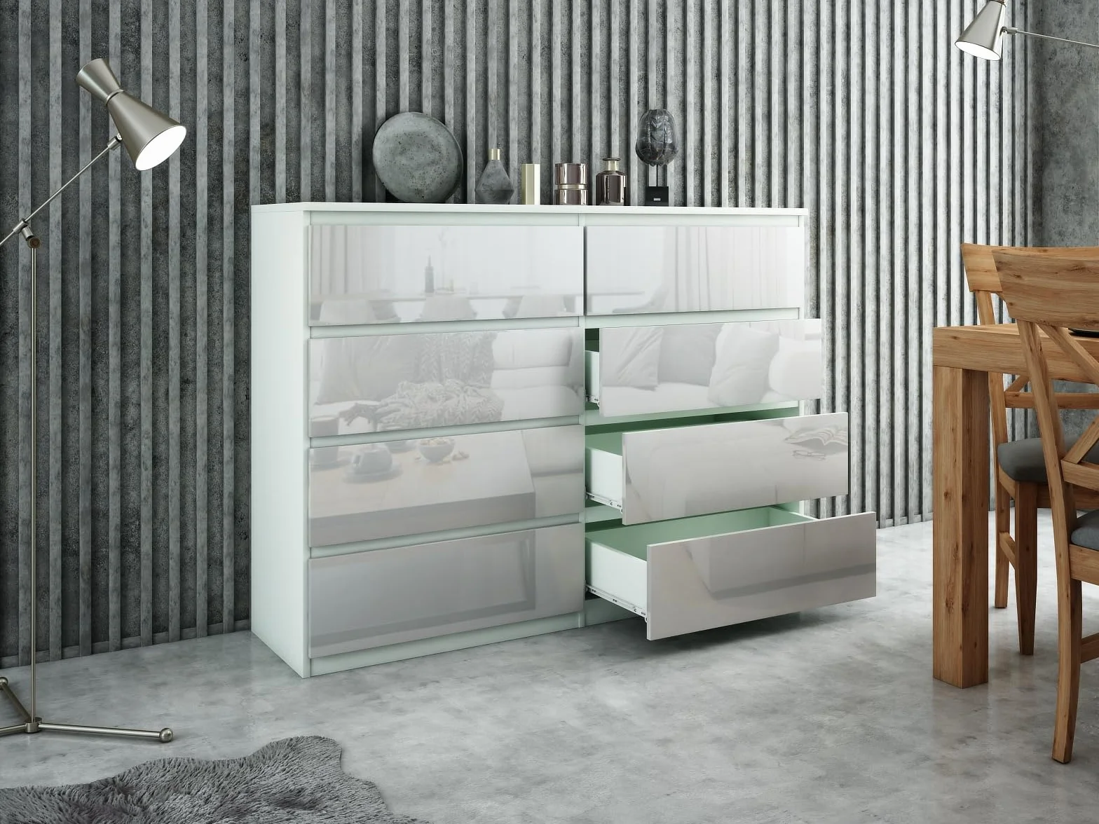 meble masztalerz Comoda Dormitorio 8 Cajones 138,5 cm - Cajonera Armario Interior - Sinfonier Dormitorio Alto - Muebles para el Salón - Cómoda Moderna - Blanco con Frente Brillante 138,5x101,5x39 cm