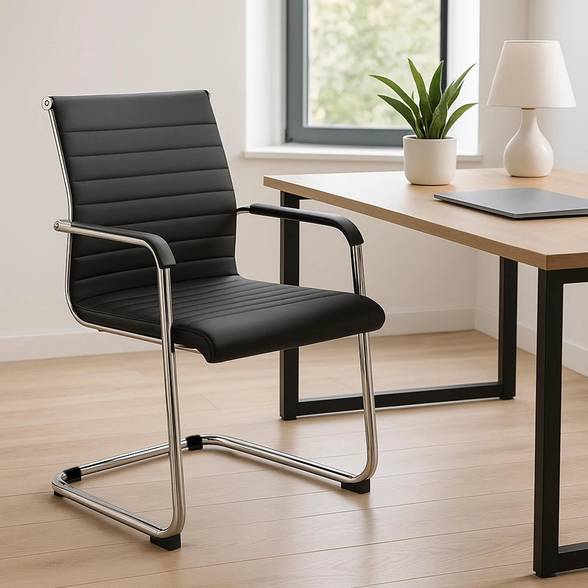 CLP Silla de Oficina ergonómica Hakon, Cantilever con reposabrazos, Estructura de Metal Cromado, Silla de visitante Negra, Color:Negro
