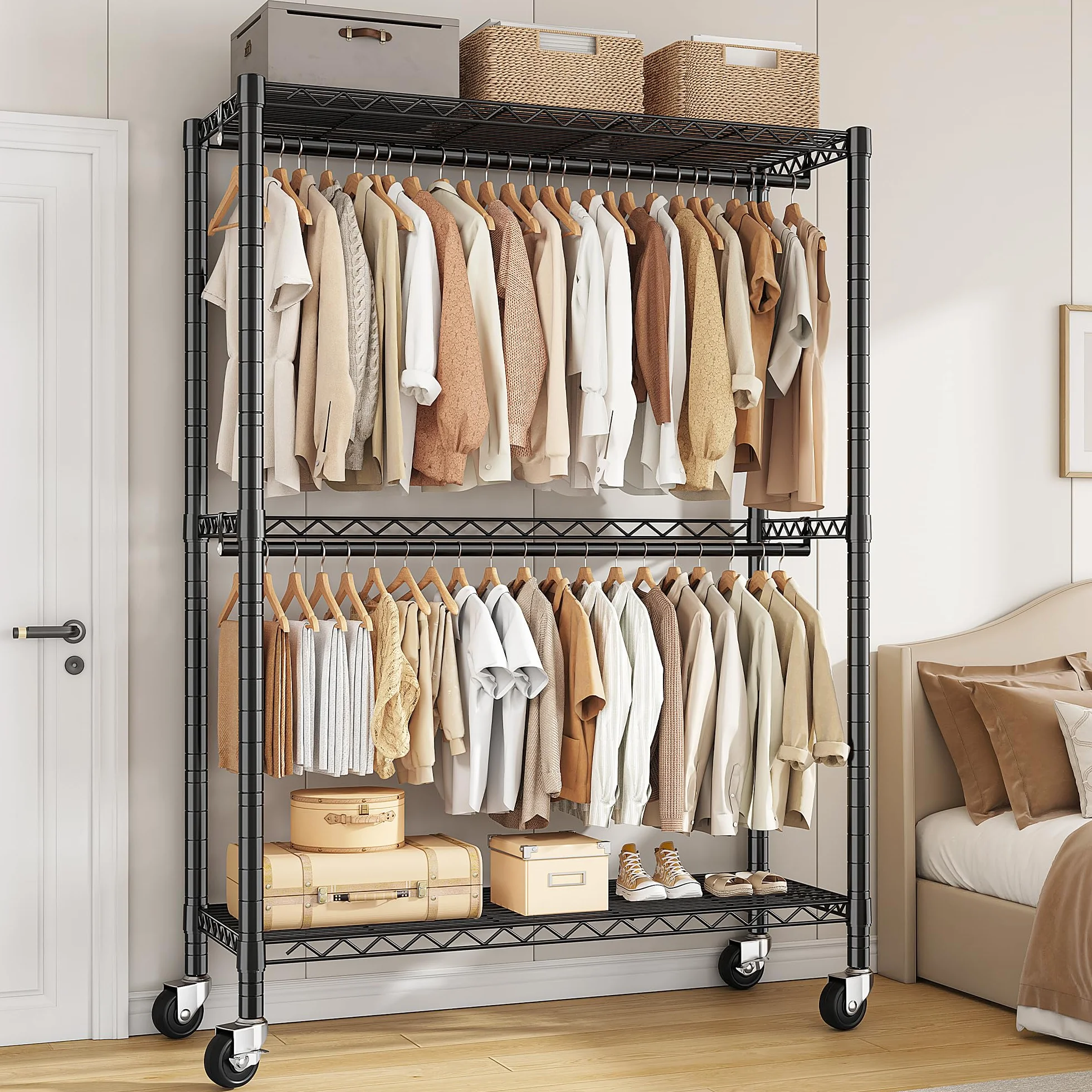 Burro Ropa Resistente con Ruedas 90x40x200cm Doble Barra Colgadora Estante Ajustable Carga Pesada 150 kg