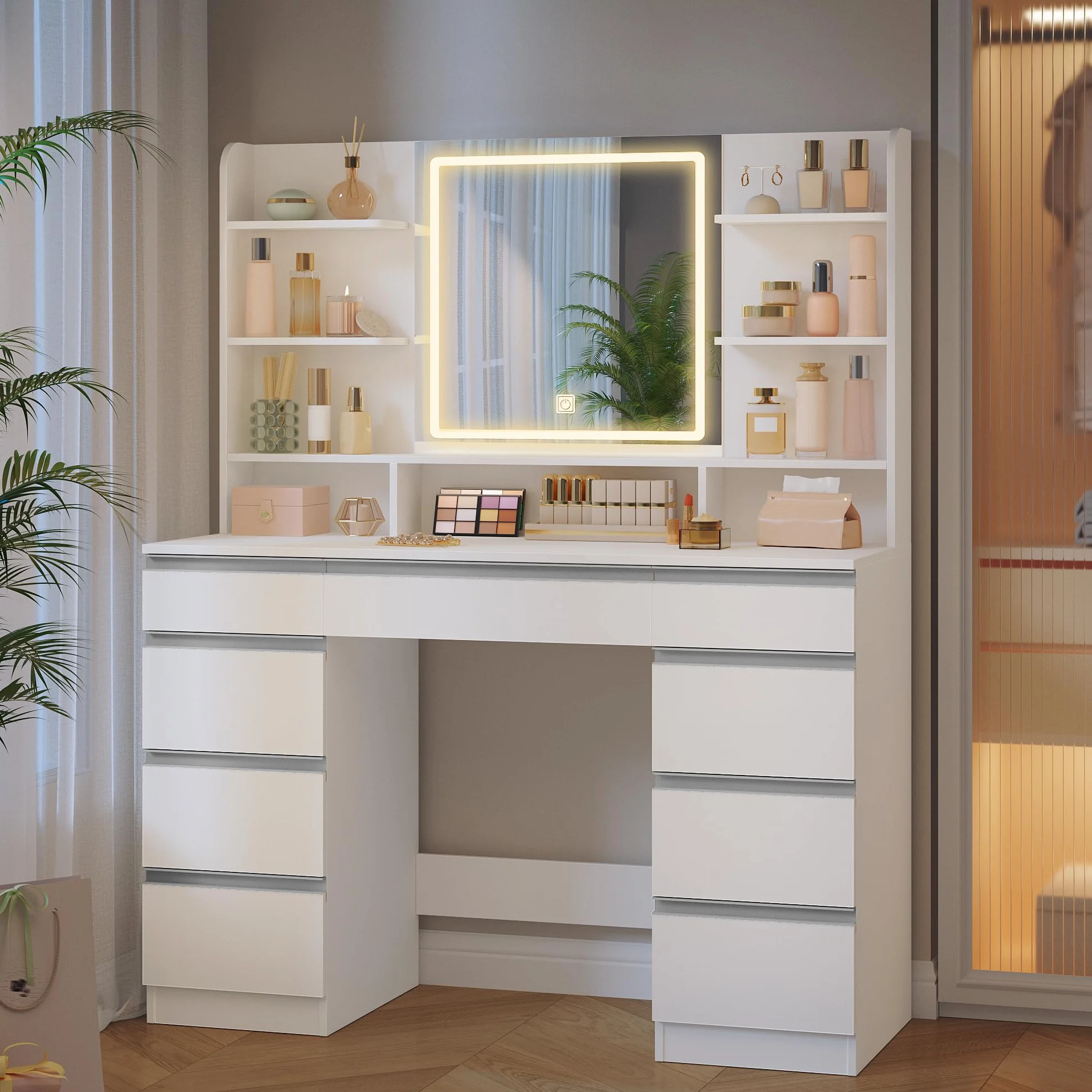 Tocador Grande con Iluminación LED, 3 Colores, Brillo Ajustable, Mesa de Maquillaje con Espejo, 9 Cajones, Estilo Moderno, Blanca-Plata
