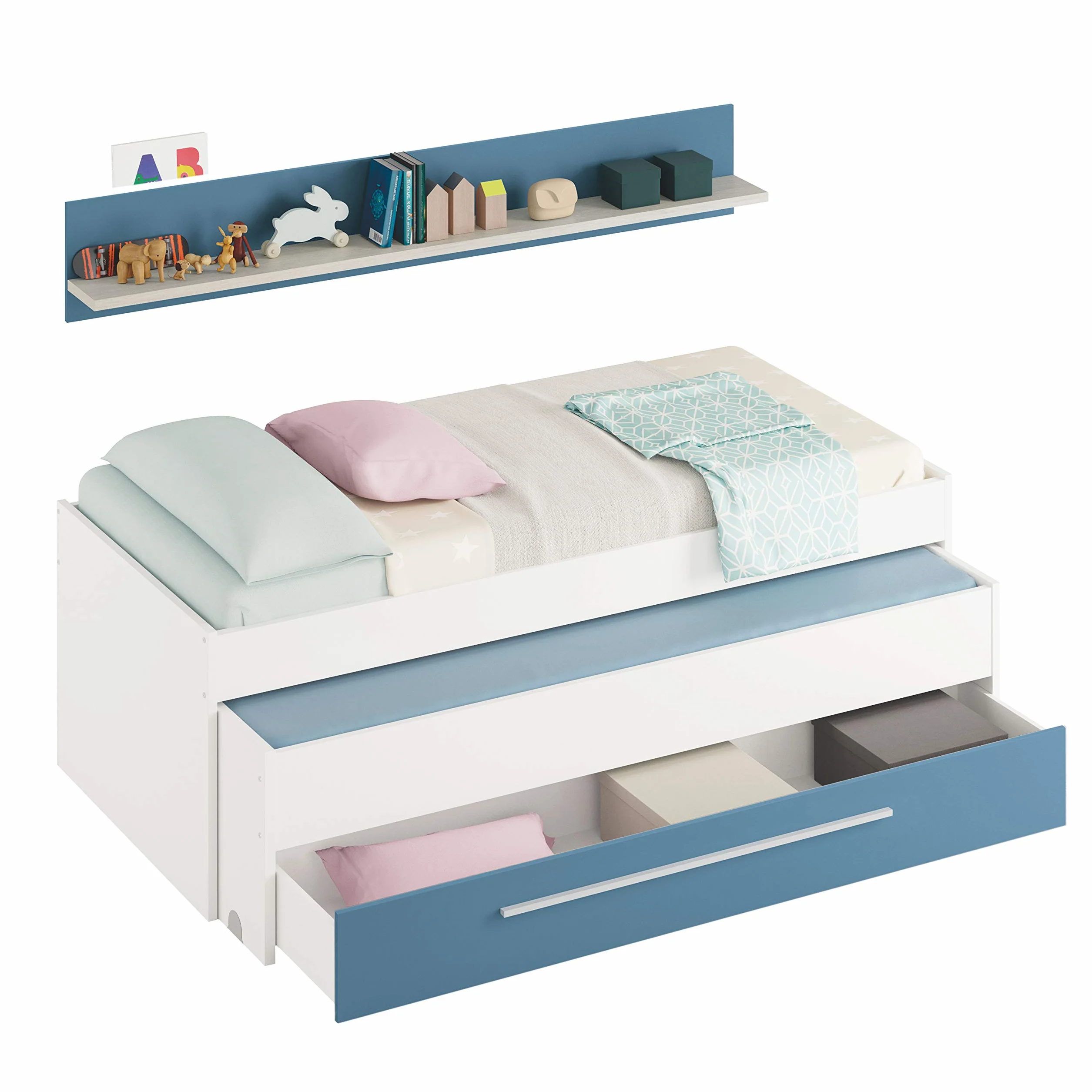 Habitdesign, Cama Nido juvenil, 2 Camas 1 Cajón y 1 Estante, Color blanco Alpes y Azul, Medidas 200 cm (largo) x 96 cm (Fondo) x 69 cm (Alto)